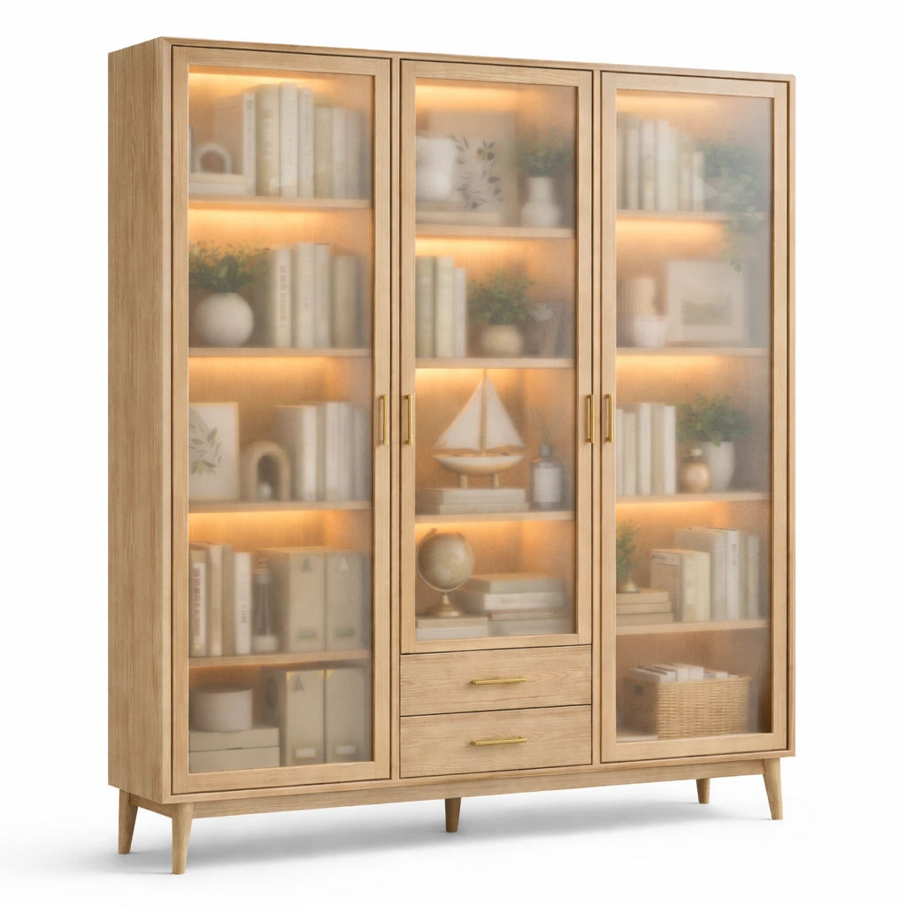 Buecherschrank Holz Glas Tueren LED-CasaSelvia