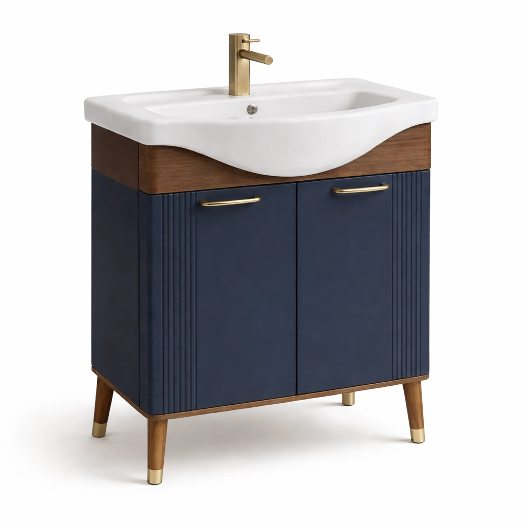 Badezimmerschrank Waschbecken Blau Nussbaum Elegant- SelviaInterior
