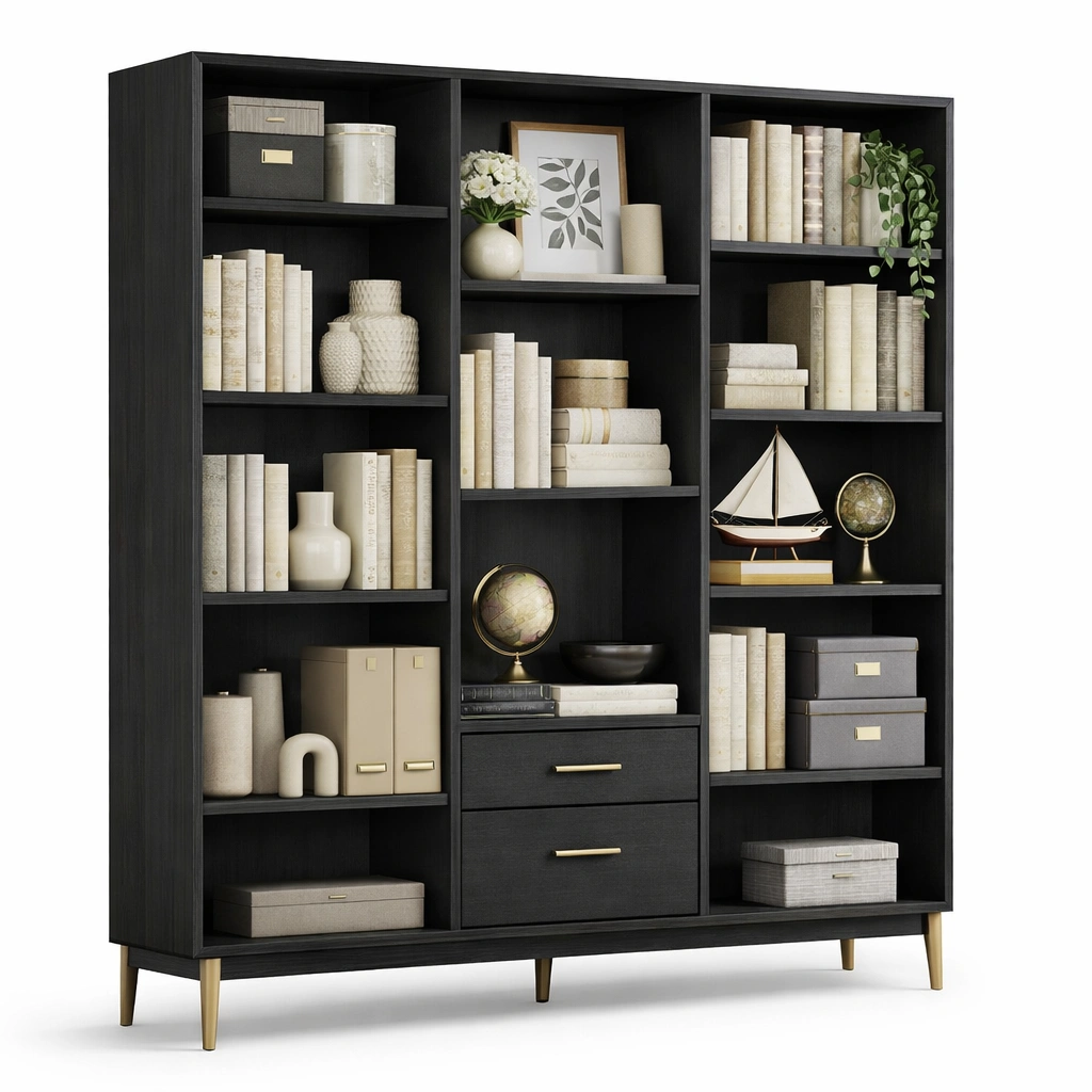 Buecherschrank Schwarz Modern Gross Regal- SelviaInterior