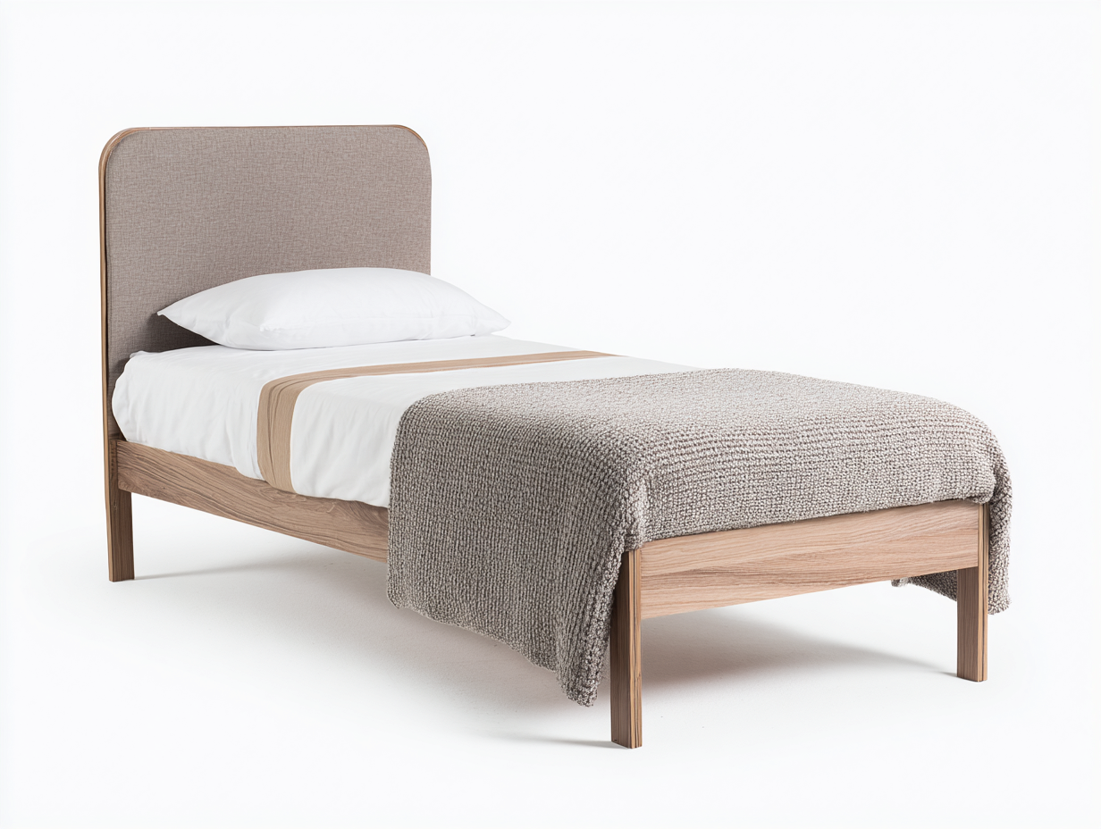 Letto singolo in legno con testiera imbottita 200x100x105 cm per camera da letto - beige-legno naturale - design moderno-Kacoracasa