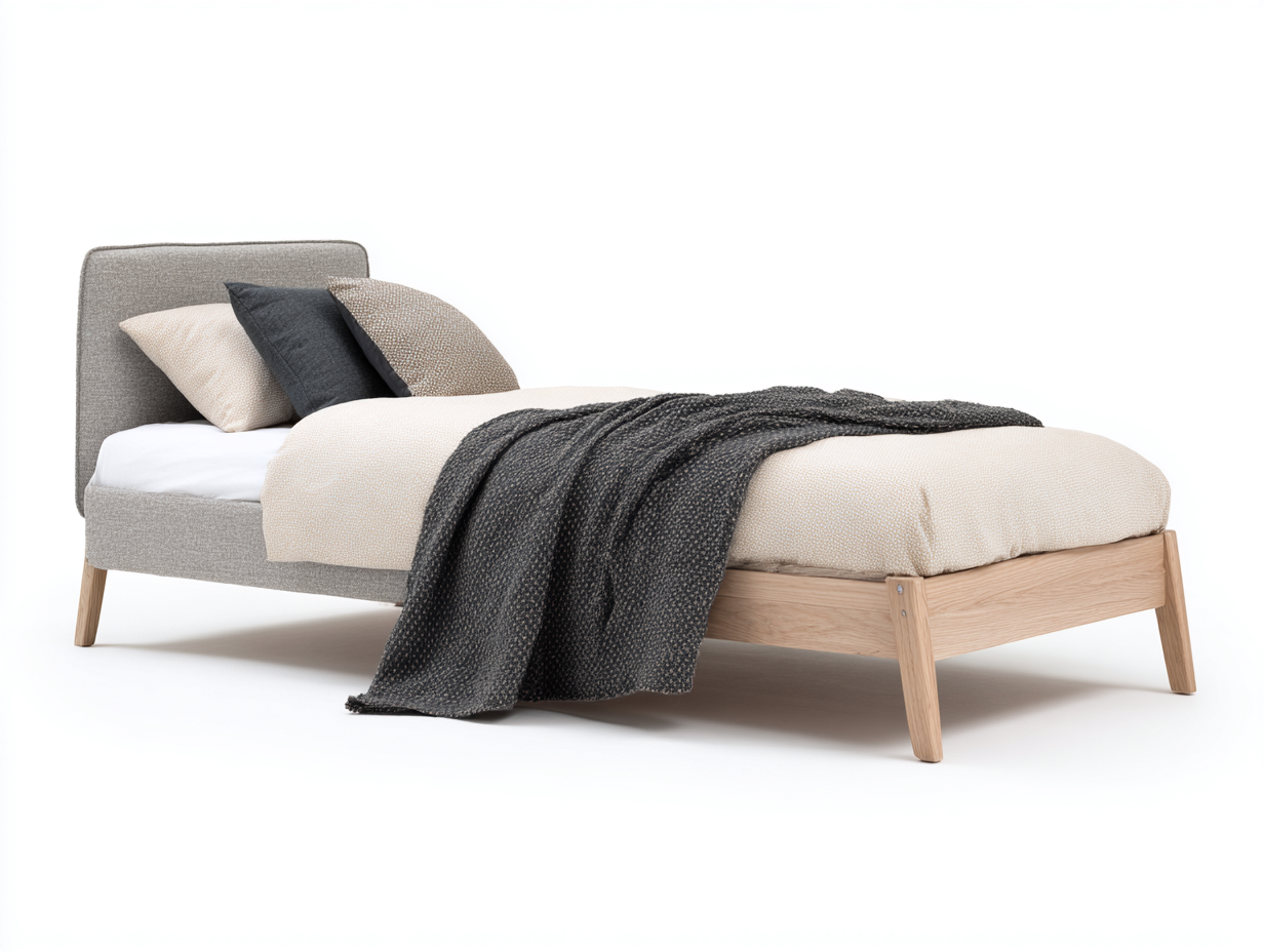 Letto singolo in legno naturale e tessuto grigio 205x100x100 cm - adatto per camera da letto - design moderno nordico-Kacoracasa