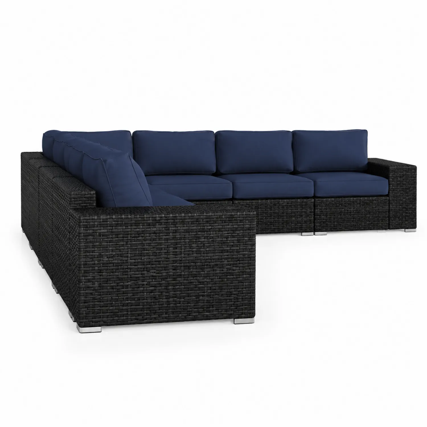 Narożna sofa z rattanu z granatowymi poduszkami-Omnivaroque