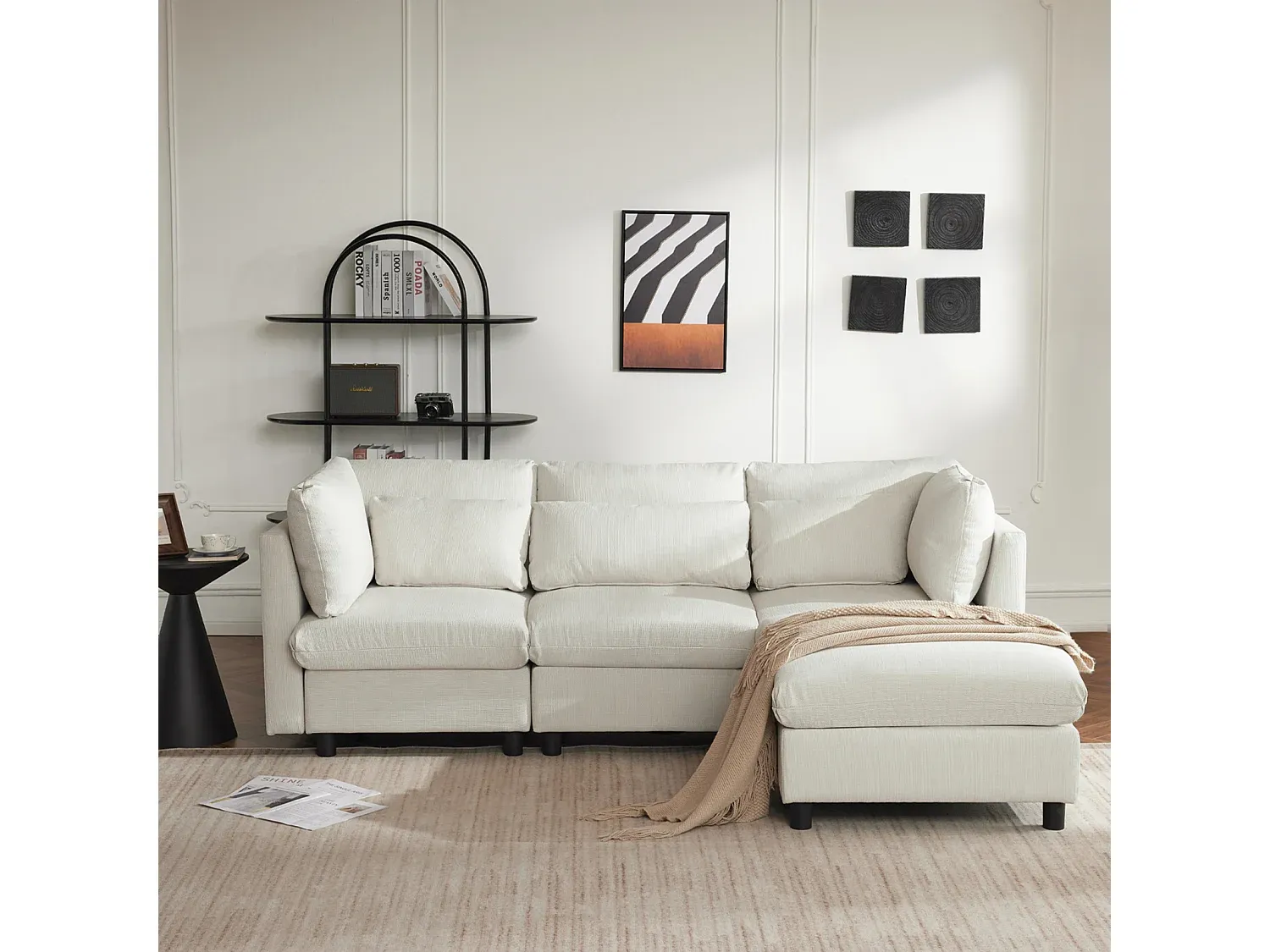 Ecksofa in L-Form aus Leinenstoff, 220 x 83 x 81 cm, beige-livelaro.com