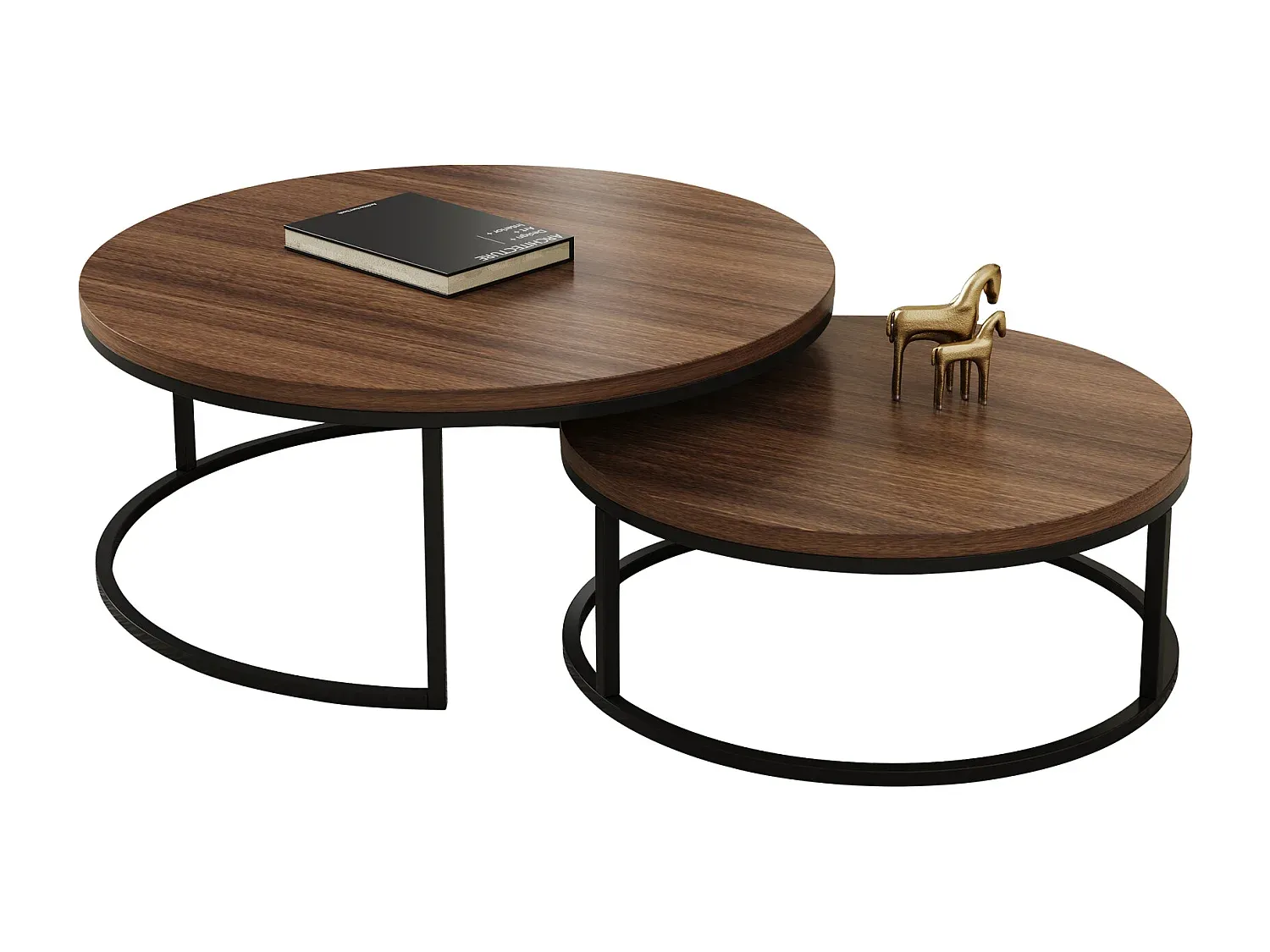 Moderner runder Wohnzimmertisch, 2er-Set, Holz und Metall, walnussbraun-livelaro.com