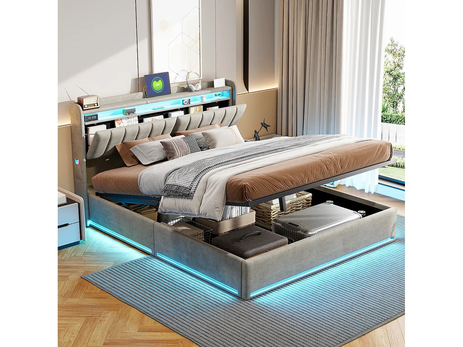 Modernes Doppelbett 140x200 cm mit Stauraum und LED-Beleuchtung-livelaro.com
