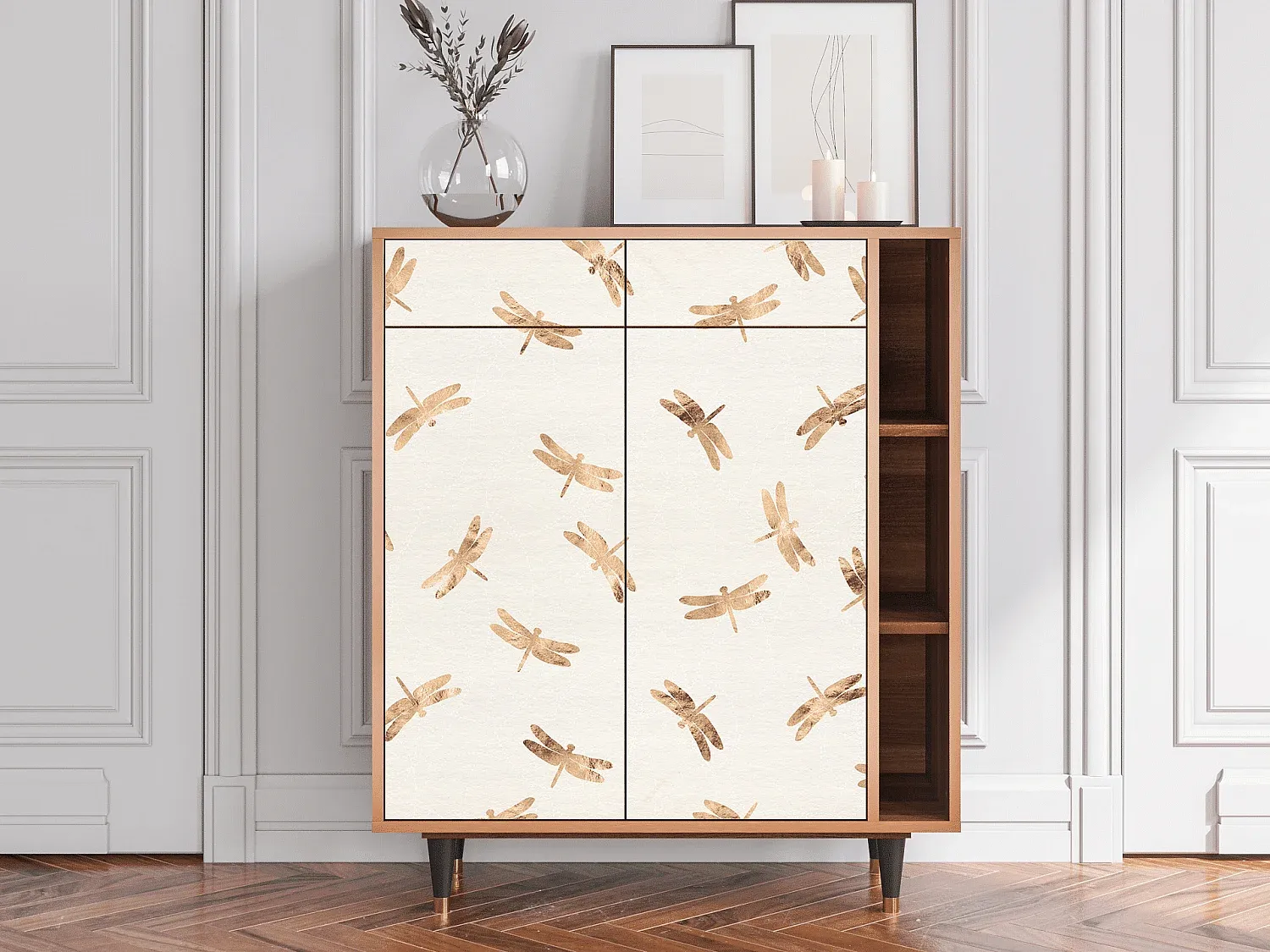 Elegantes Sideboard aus Walnussholz mit Libellenmuster-livelaro.com