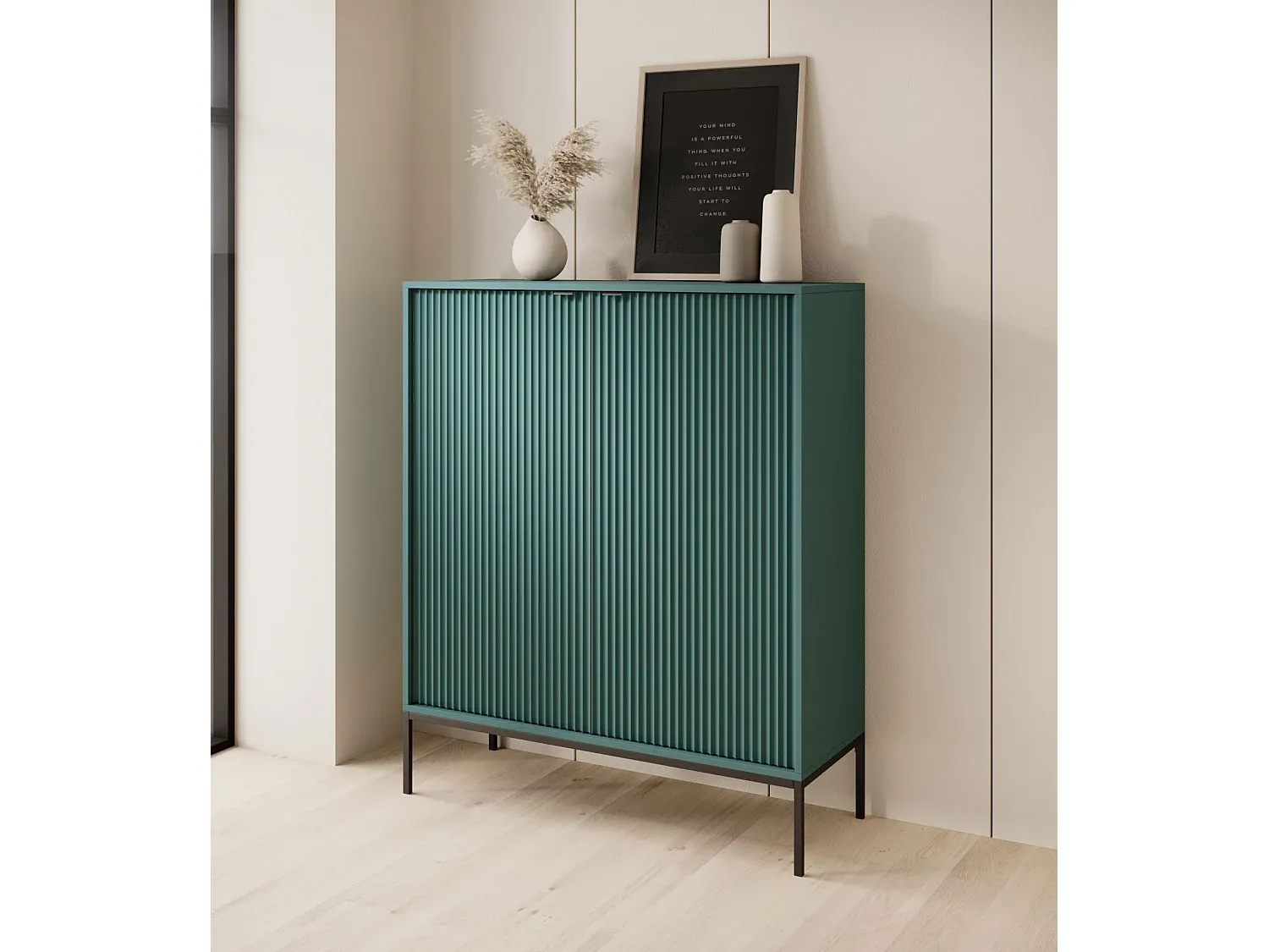 Moderner 2-türiger Highboard in Grün mit schwarzem Gestell, 104 cm-livelaro.com