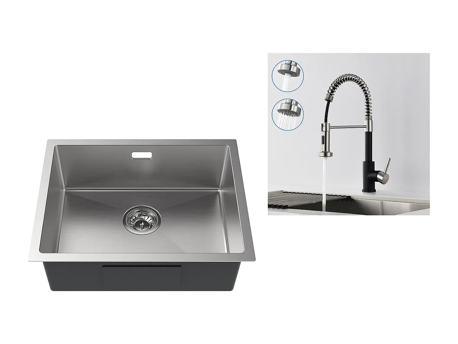 Küchenspüle Einzelbecken mit Federhahn und ausziehbarer Brause, schwarz-FURNIAVENA