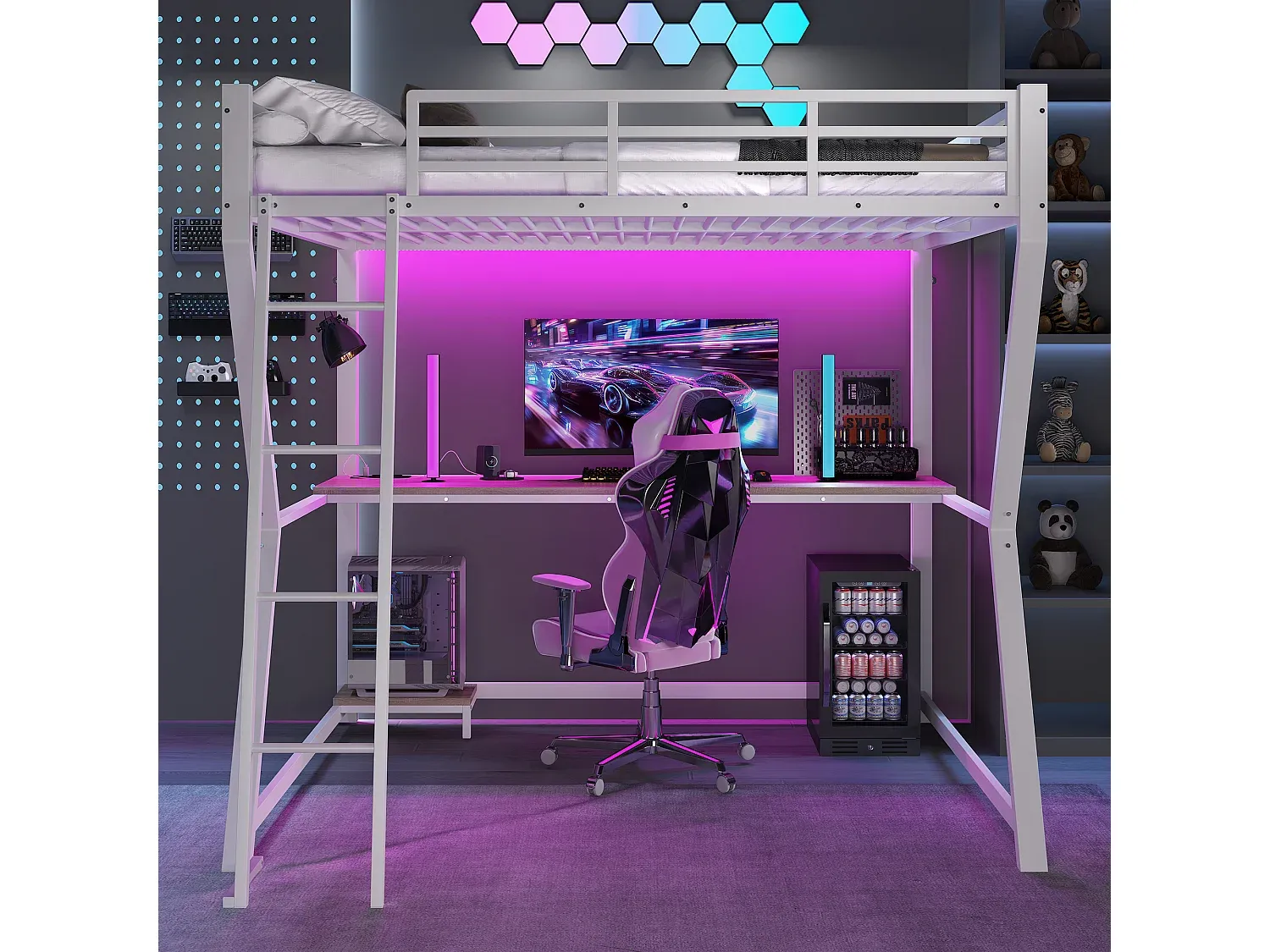 Metall-Etagenbett für Kinder mit LEDs, Regal, Schreibtisch und USB, 140 x 200 cm, weiß-FURNIAVENA