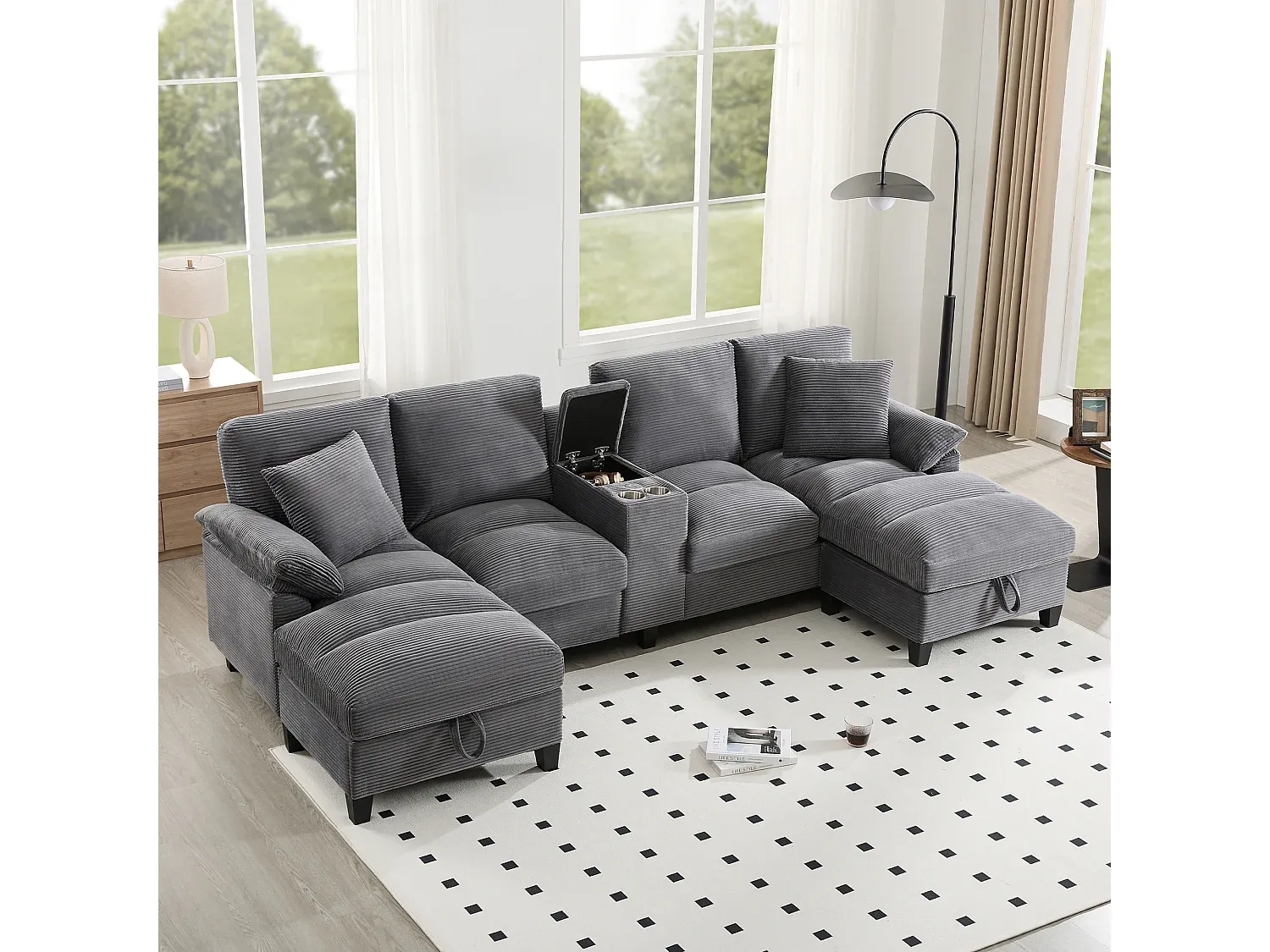 Großes U-Sofa mit Stauraum und USB-Anschlüssen-FURNIAVENA