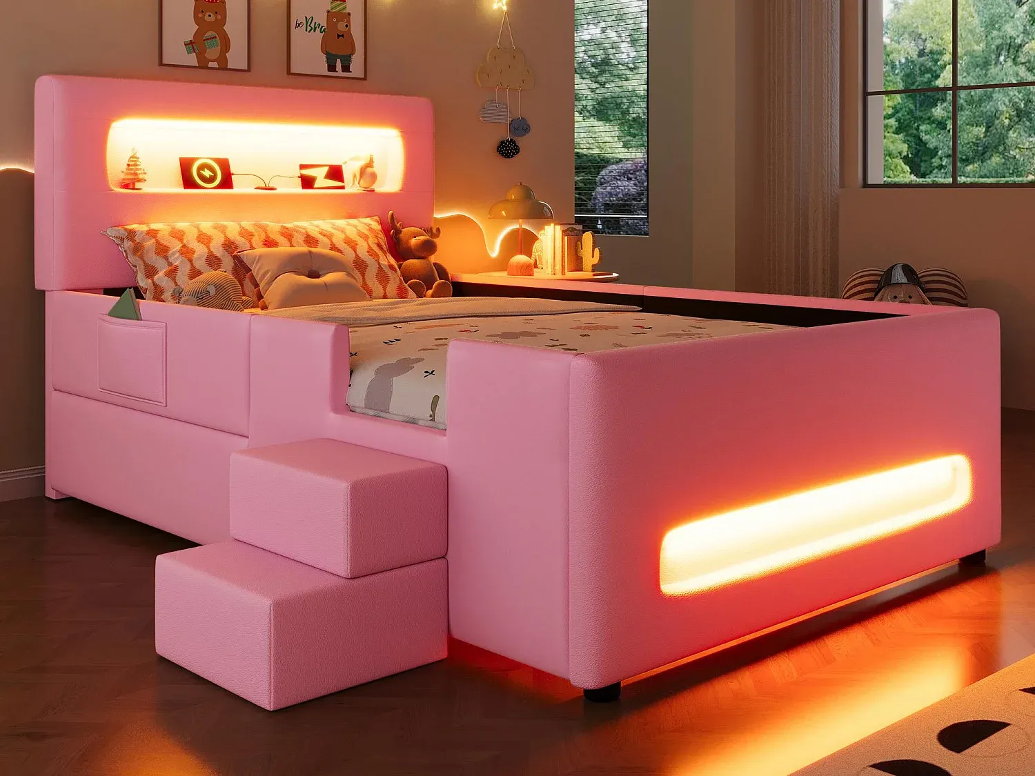 Einzelbett 90x200 cm mit LED, Treppe und Stauraum-FURNIAVENA