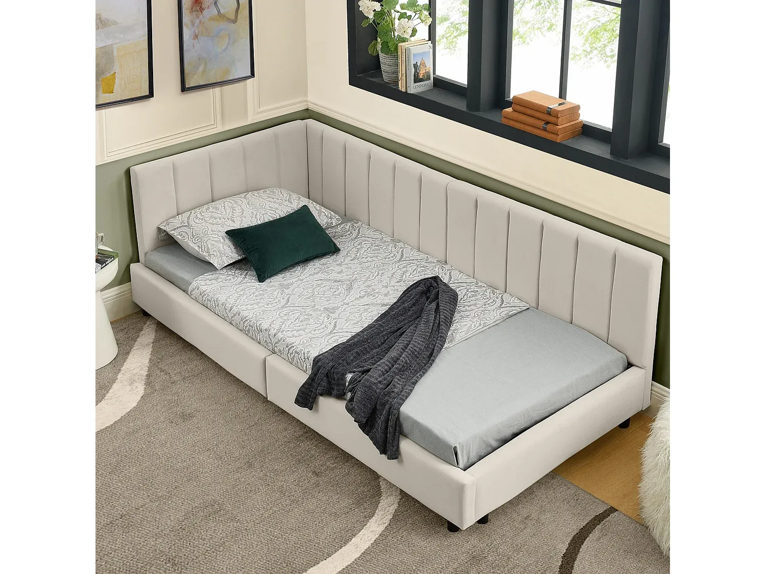 Graues Samt-Kinderbett mit Rückenlehne 90x200 cm-FURNIAVENA