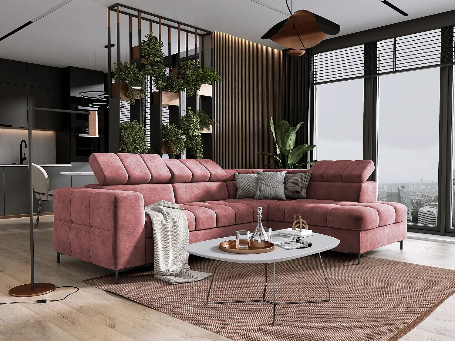 Modulares Ecksofa mit verstellbarer Kopfstütze und Schlaffunktion, hellrot-FURNIAVENA