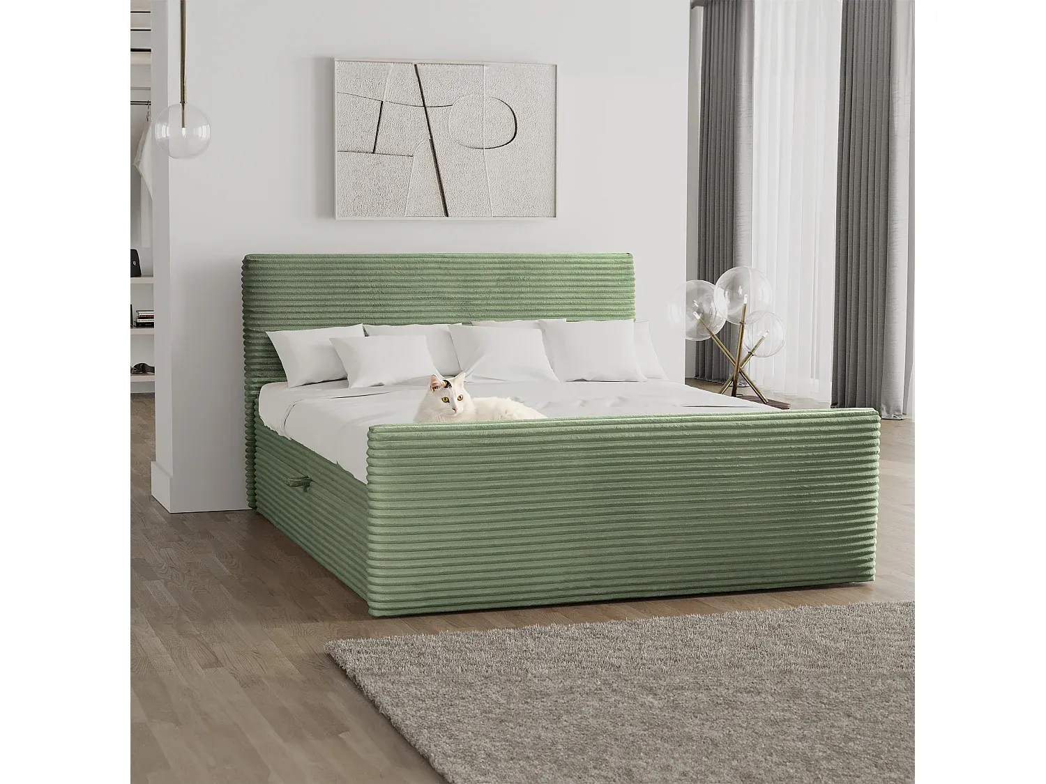 Boxspringbett mit Bettkasten und Topper 140x200 cm in Olivgrün-FURNIAVENA