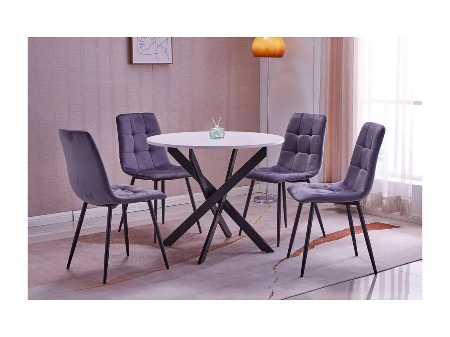 4er-Set Esszimmerstühle mit gepolsterter Sitzfläche und rundem Esstisch-FURNIAVENA