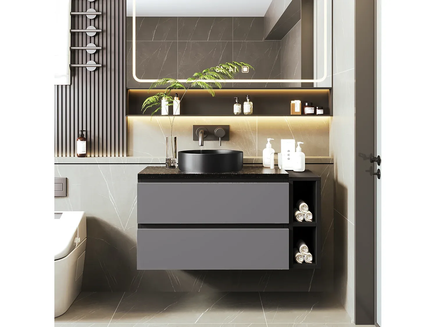 Moderner Waschtisch mit Stauraum und Regal, 80 cm, Grau/Schwarz-FURNIAVENA