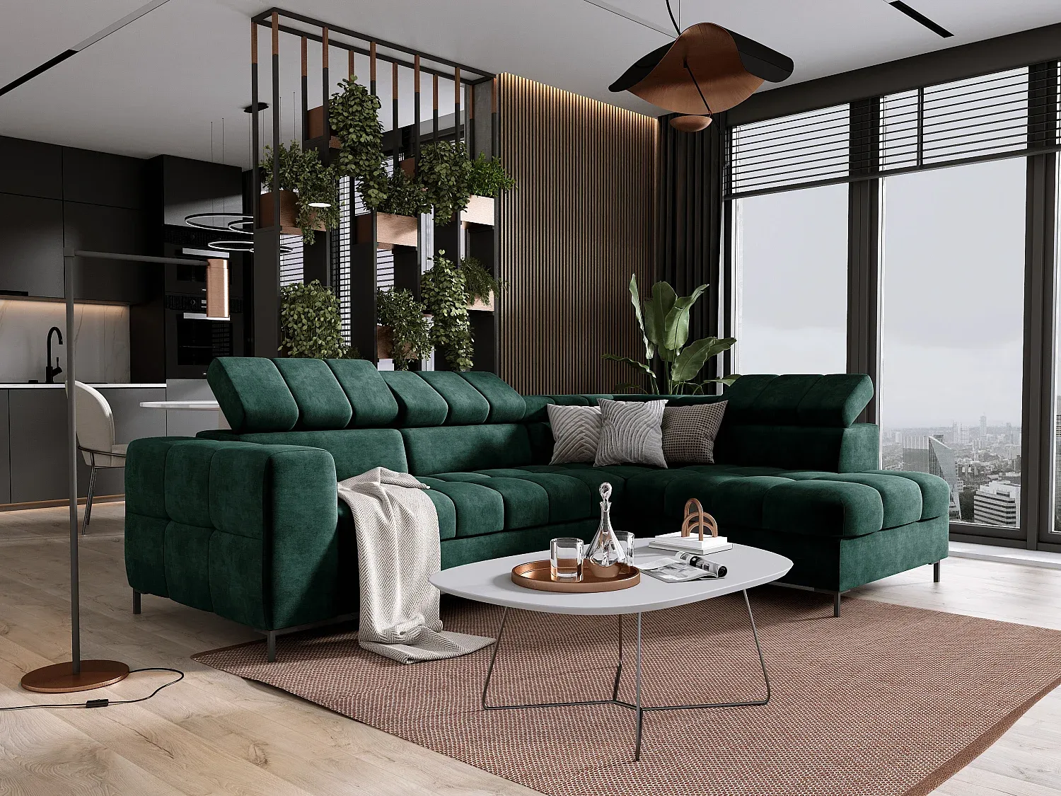 Ecksofa mit verstellbaren Kopfstützen, 279x201 cm, Dunkelgrün, rechts-FURNIAVENA