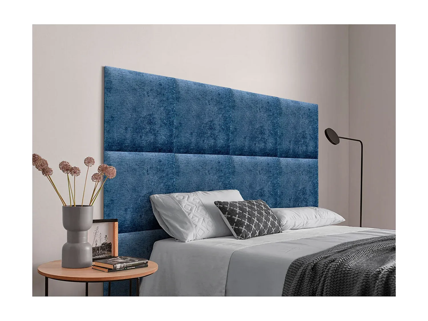 Gepolstertes Kopfteil aus ökologischer Wolle mit selbstklebenden Paneelen in Blau, 145 cm-FURNIAVENA