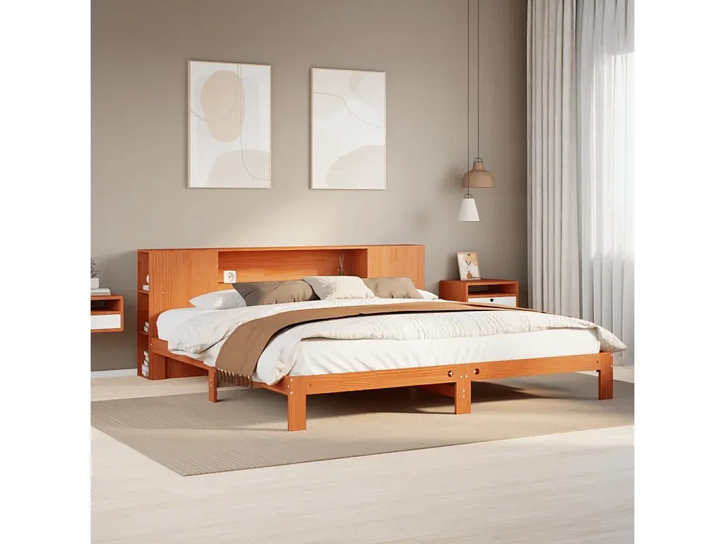 Wachsbraunes Doppelbett aus Massivholz 180x200 cm ohne Matratze mit Regal-FURNIAVENA