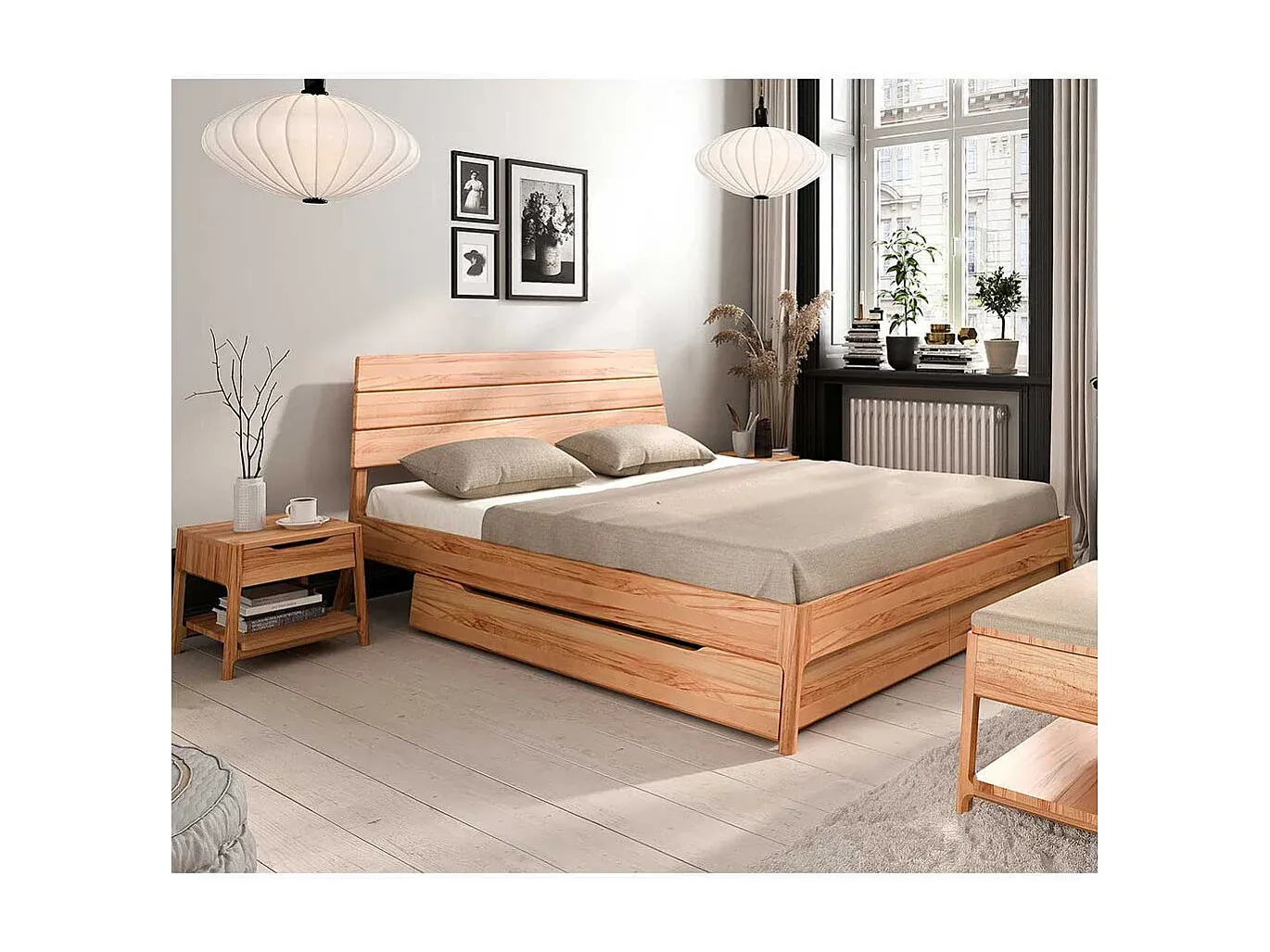 Massivholzbett in Buchenoptik mit Kopfteil-FURNIAVENA