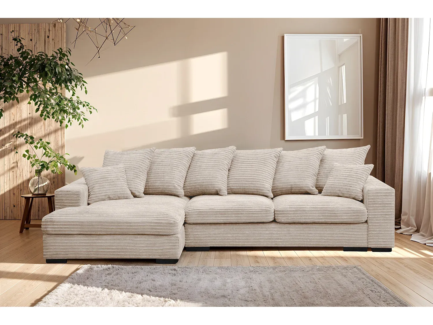 Eckcouch mit Schlaffunktion und Bettkasten, L-förmiges Sofa aus Stoff, Creme Links-FURNIAVENA