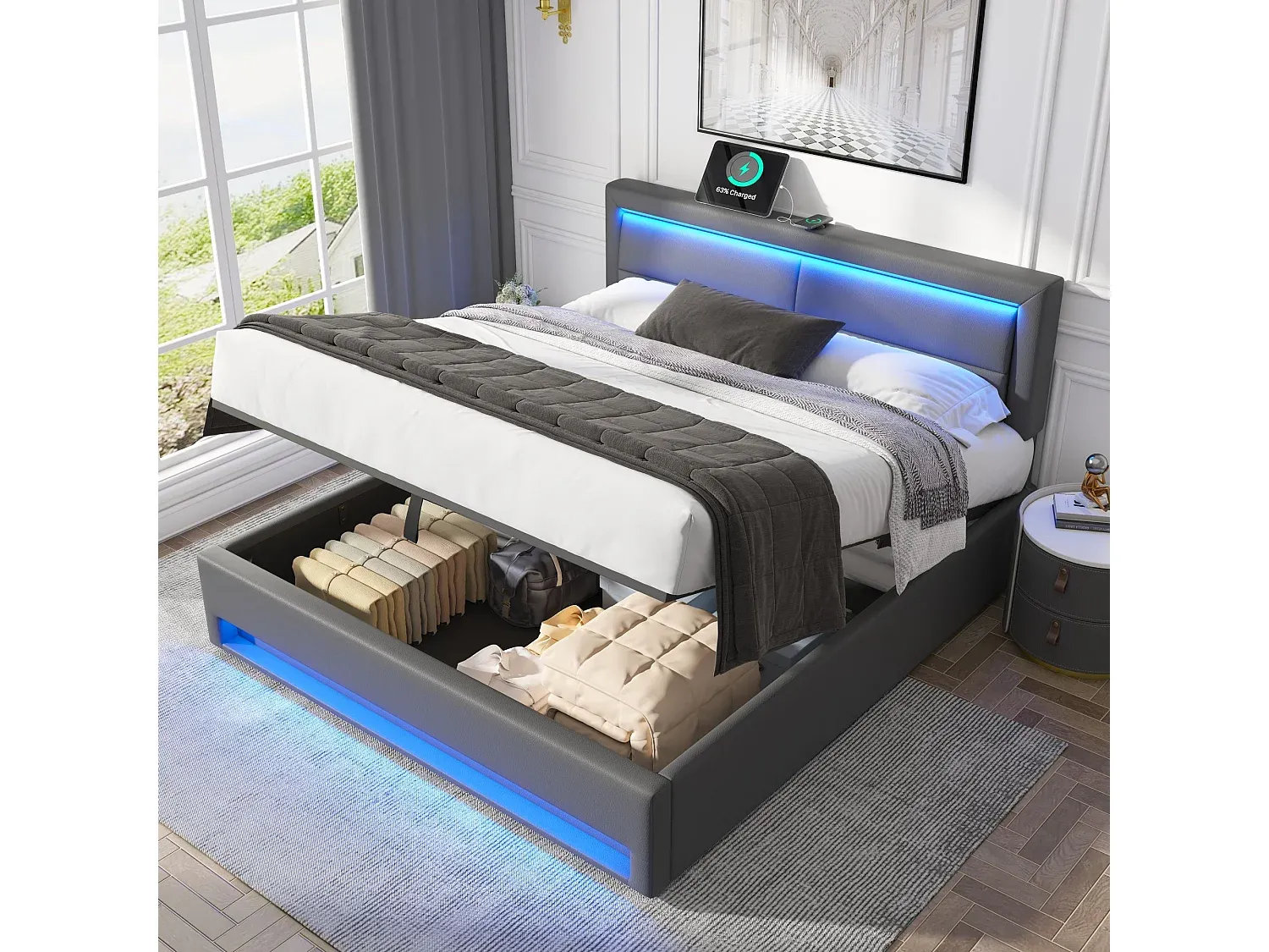 Modernes Stauraumbett 160 x 200 cm mit USB und LED-FURNIAVENA