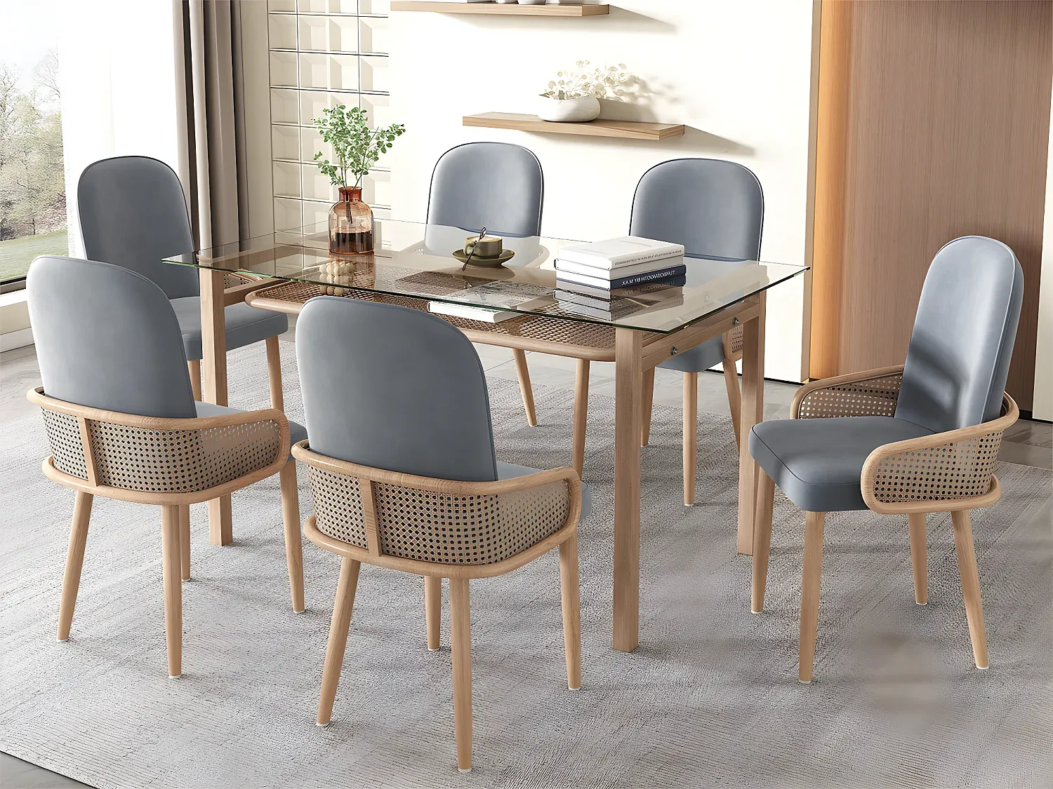 Samtstühle mit Rattan-Armlehnen, 6er-Set, graue Polsterung-FURNIAVENA