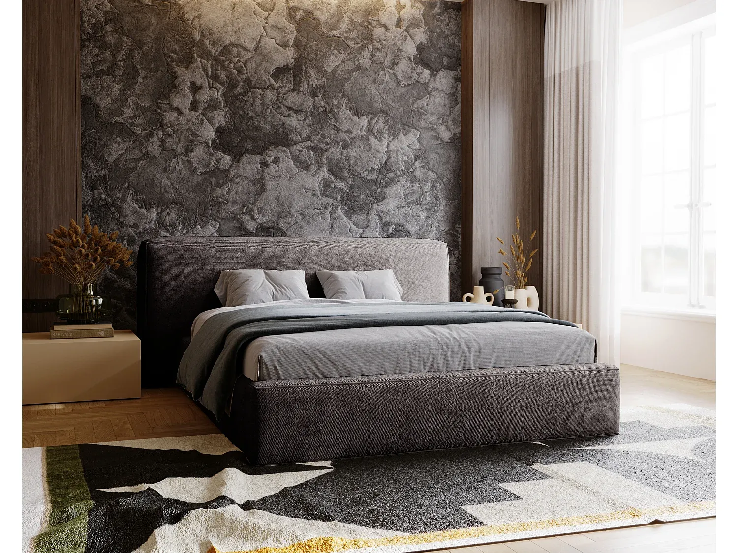 Graues Polsterbett mit Bettkasten und Lattenrost, 120 x 200 cm, Chenille-Stoff-FURNIAVENA