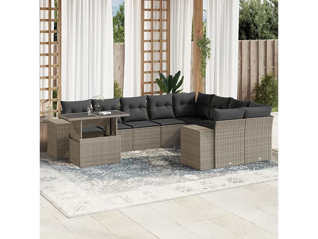 Polyrattan Garten-Loungeset mit Kissen, Hellgrau, 10-teilig-FURNIAVENA