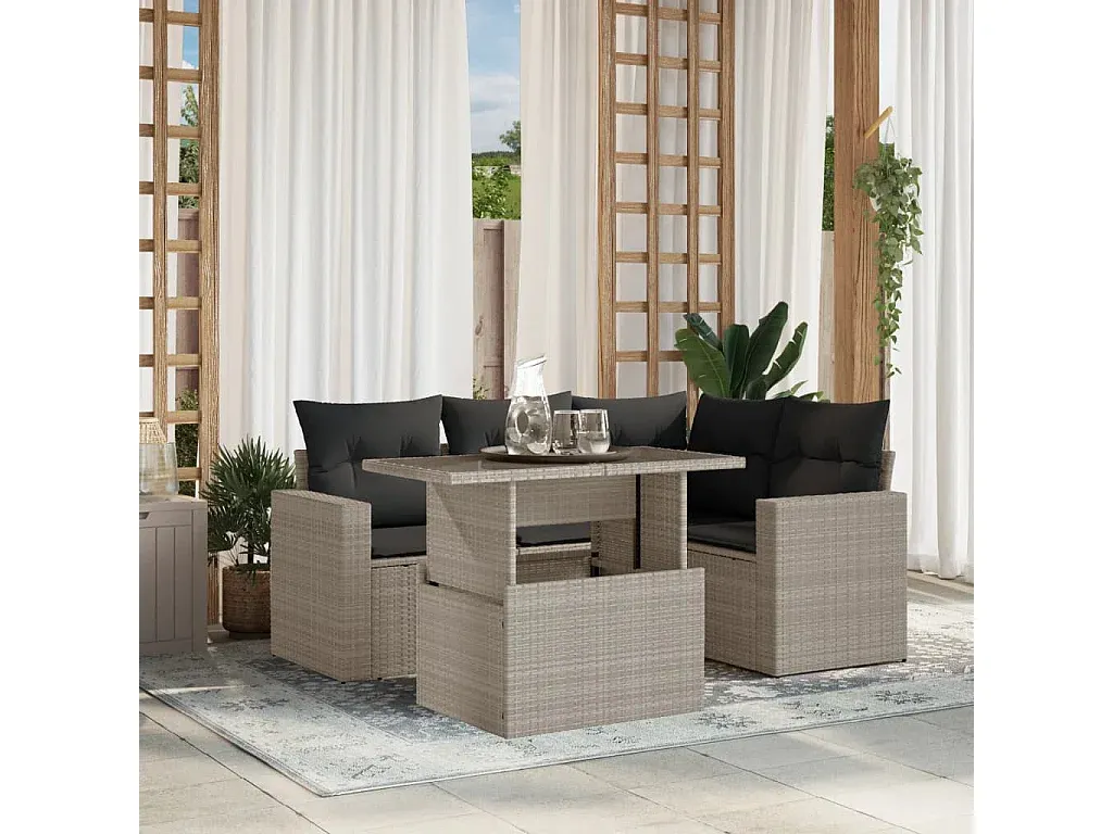 Garten-Sofagarnitur mit Kissen aus Poly-Rattan, Hellgrau, 5-teilig-FURNIAVENA