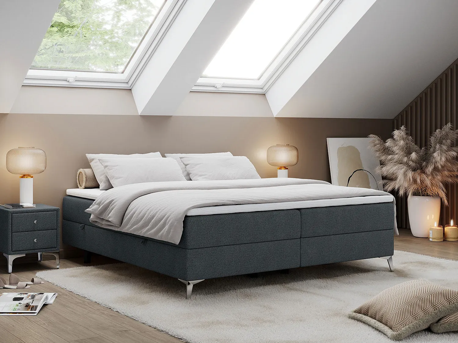 Komfortables Boxspringbett mit Bettkästen und Multipocket-Matratzen-FURNIAVENA