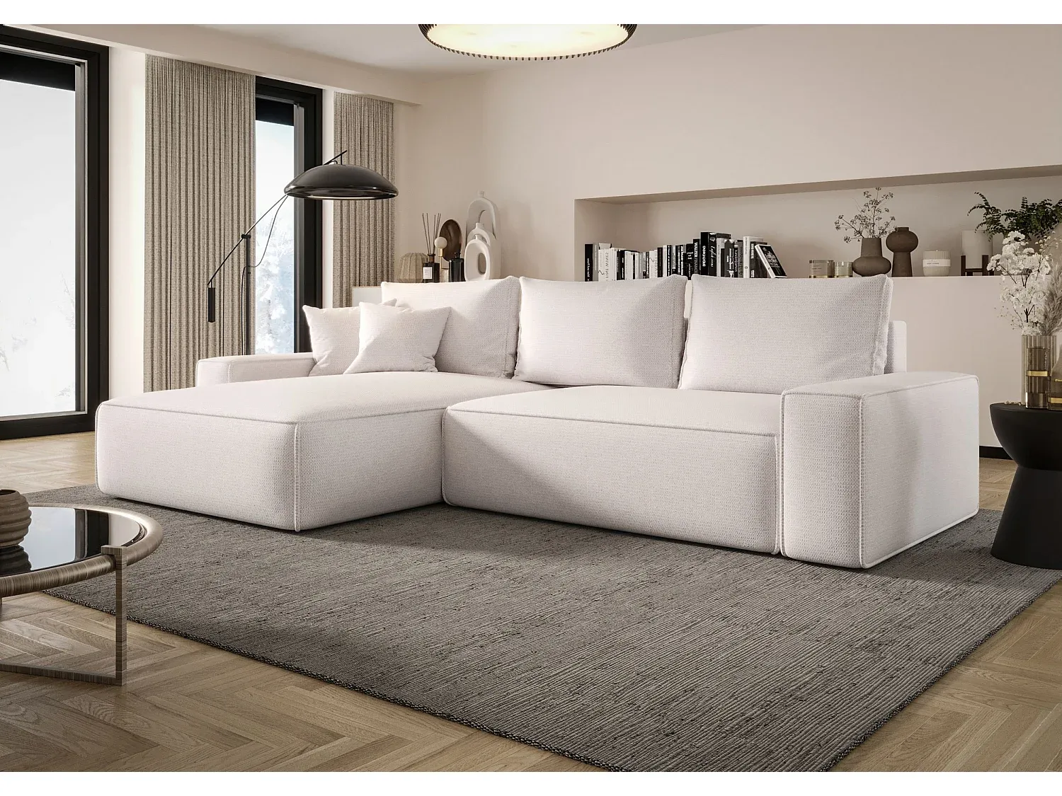 Ecksofa mit Schlaf- und Stauraumfunktion, L-Form, Weiß-FURNIAVENA