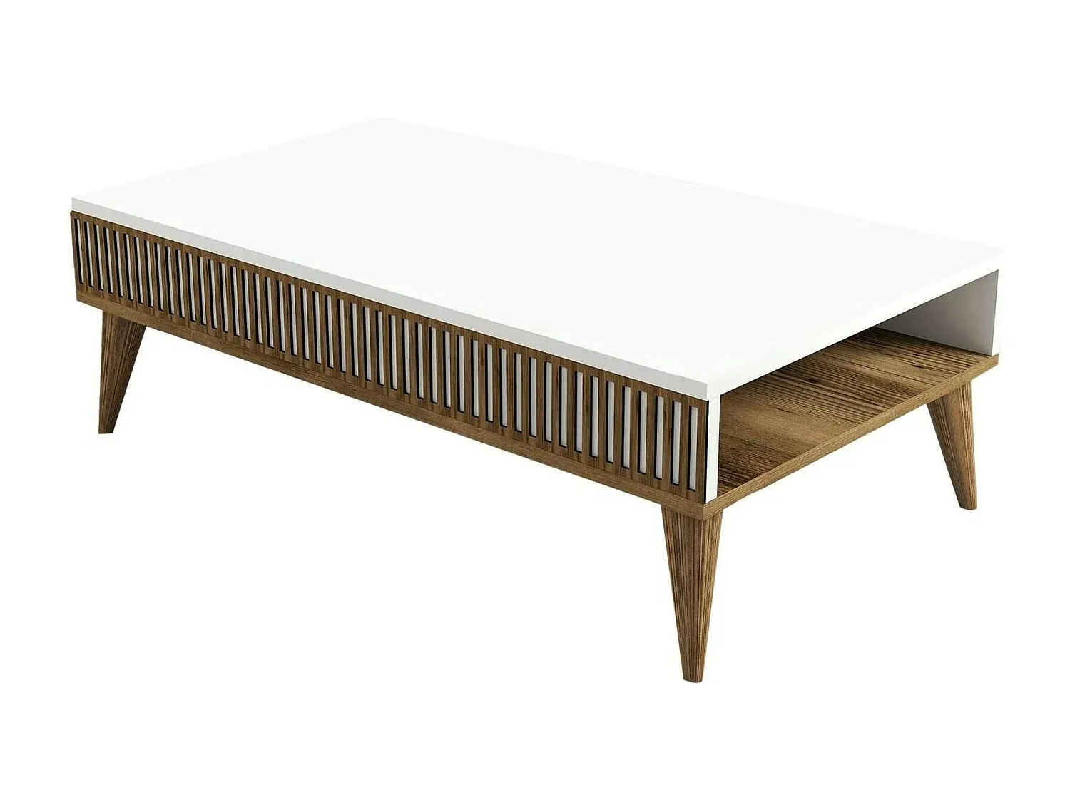 Moderner Couchtisch mit Ablage, Walnuss und Weiß, 105x60x35 cm-FURNIAVENA