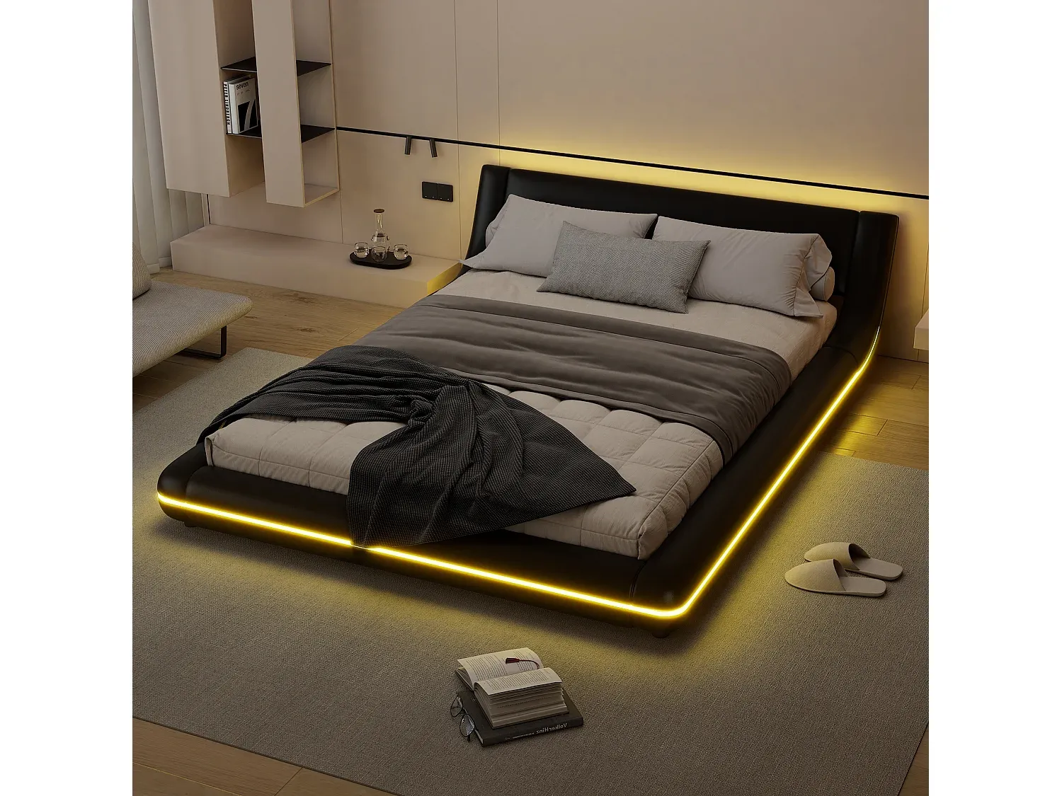 Schwarzes LED-Bett mit niedrigem Design 140x200 cm, inklusive Fernbedienung-FURNIAVENA