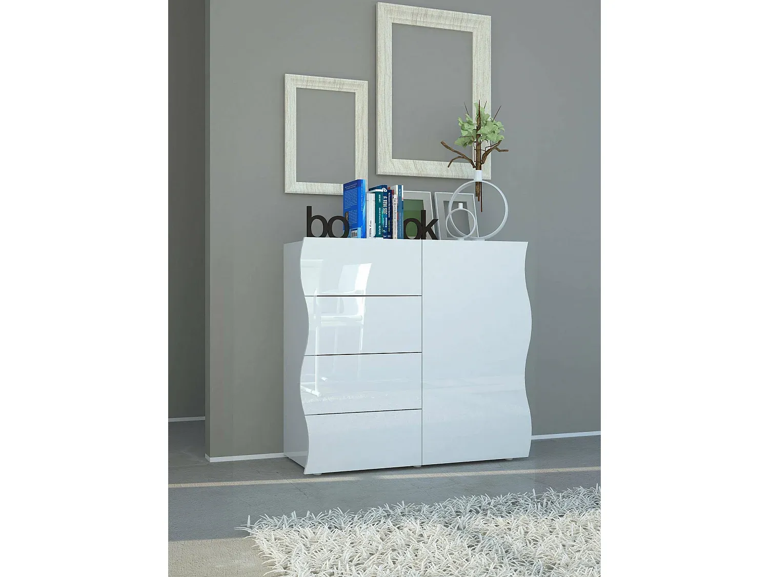 Elegantes Sideboard mit 4 Türen und Schublade, Hochglanz Weiß, 90 x 40 x 81 cm-FURNIAVENA