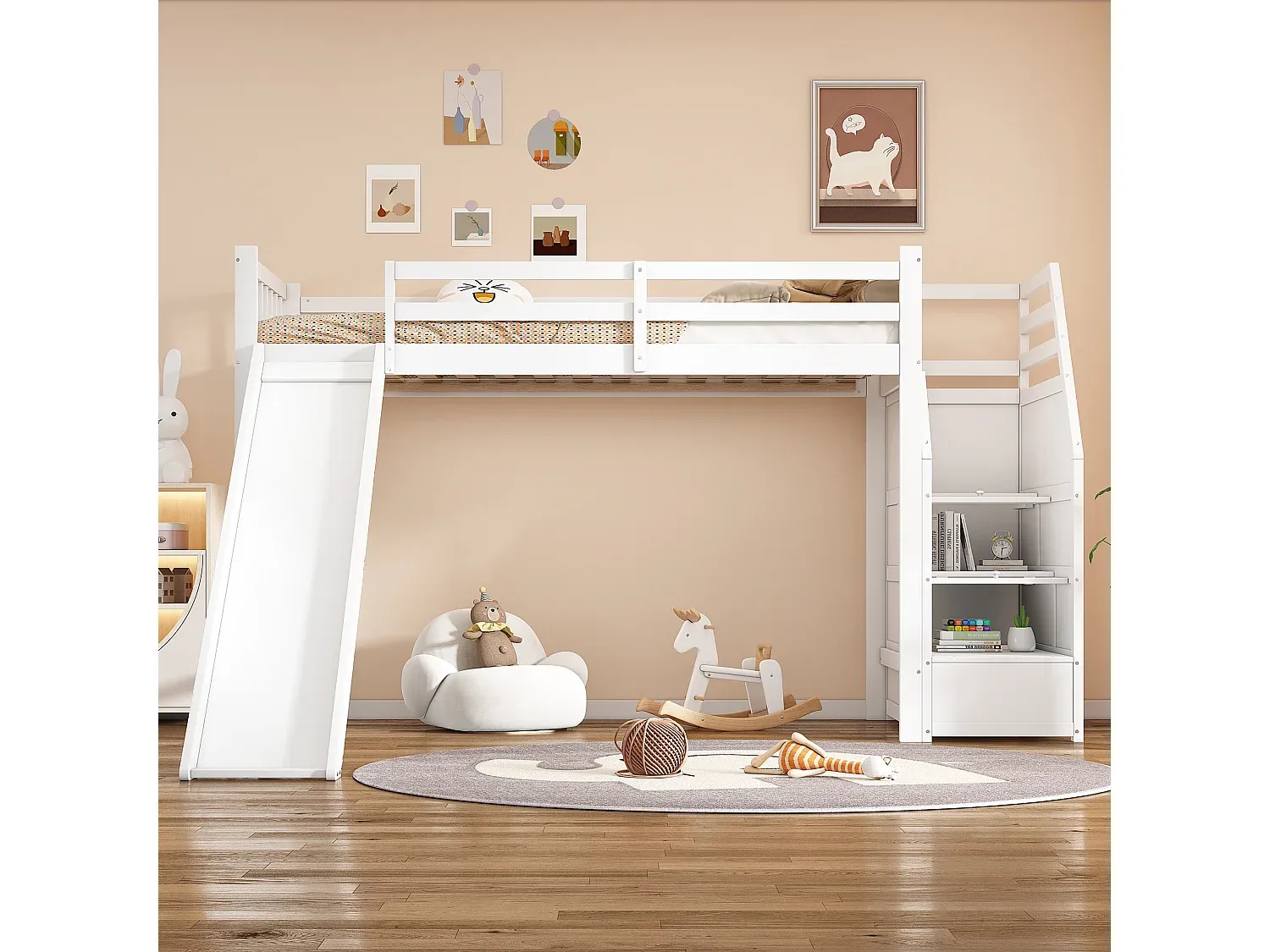 Großes Kinderhochbett mit Rutsche und Stauraumleiter, weiß, 90 x 200 cm-FURNIAVENA