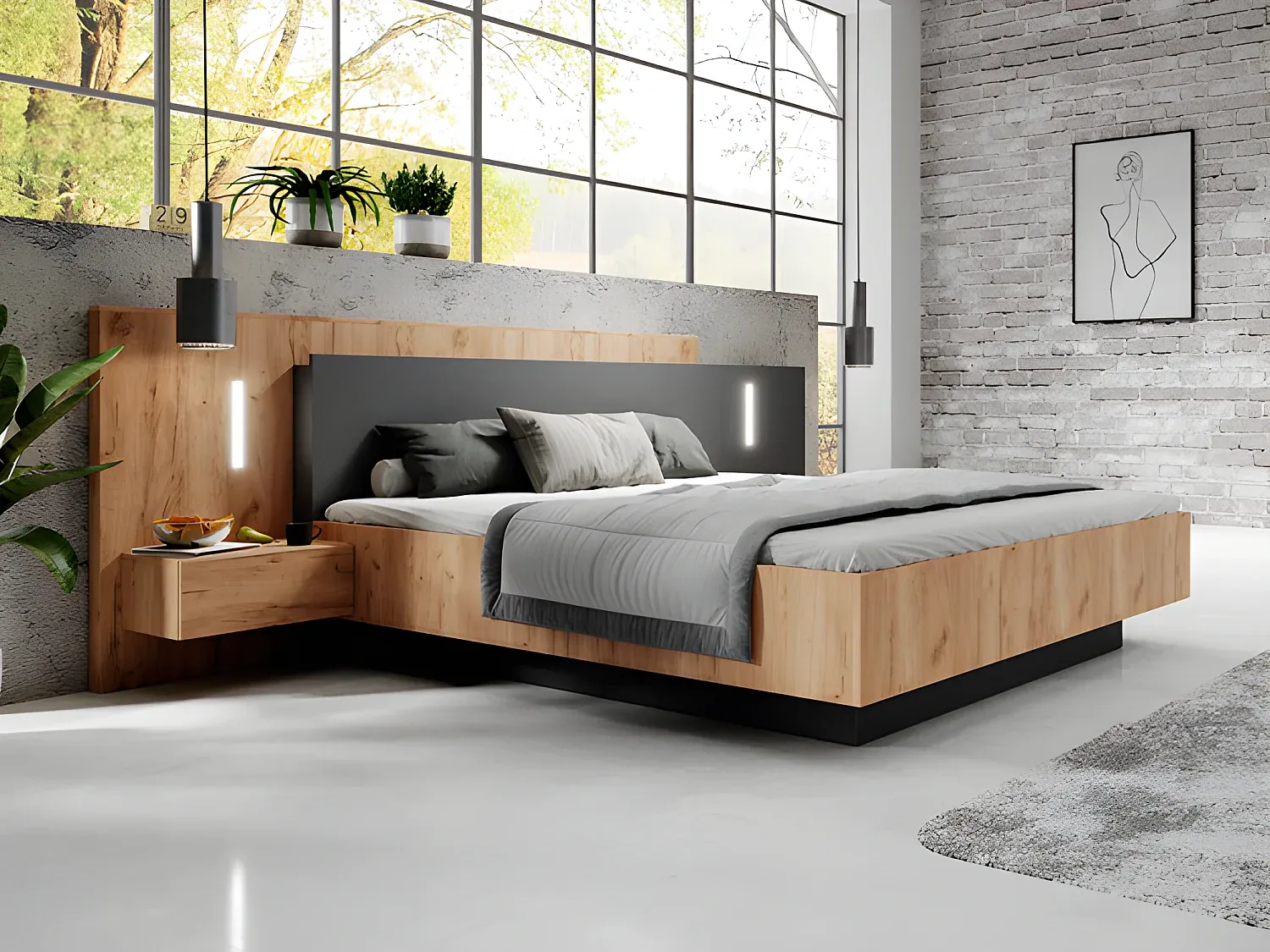 Doppelbett mit Stauraum und Nachttischen - 140 x 190 cm - LED-Beleuchtung-FURNIAVENA
