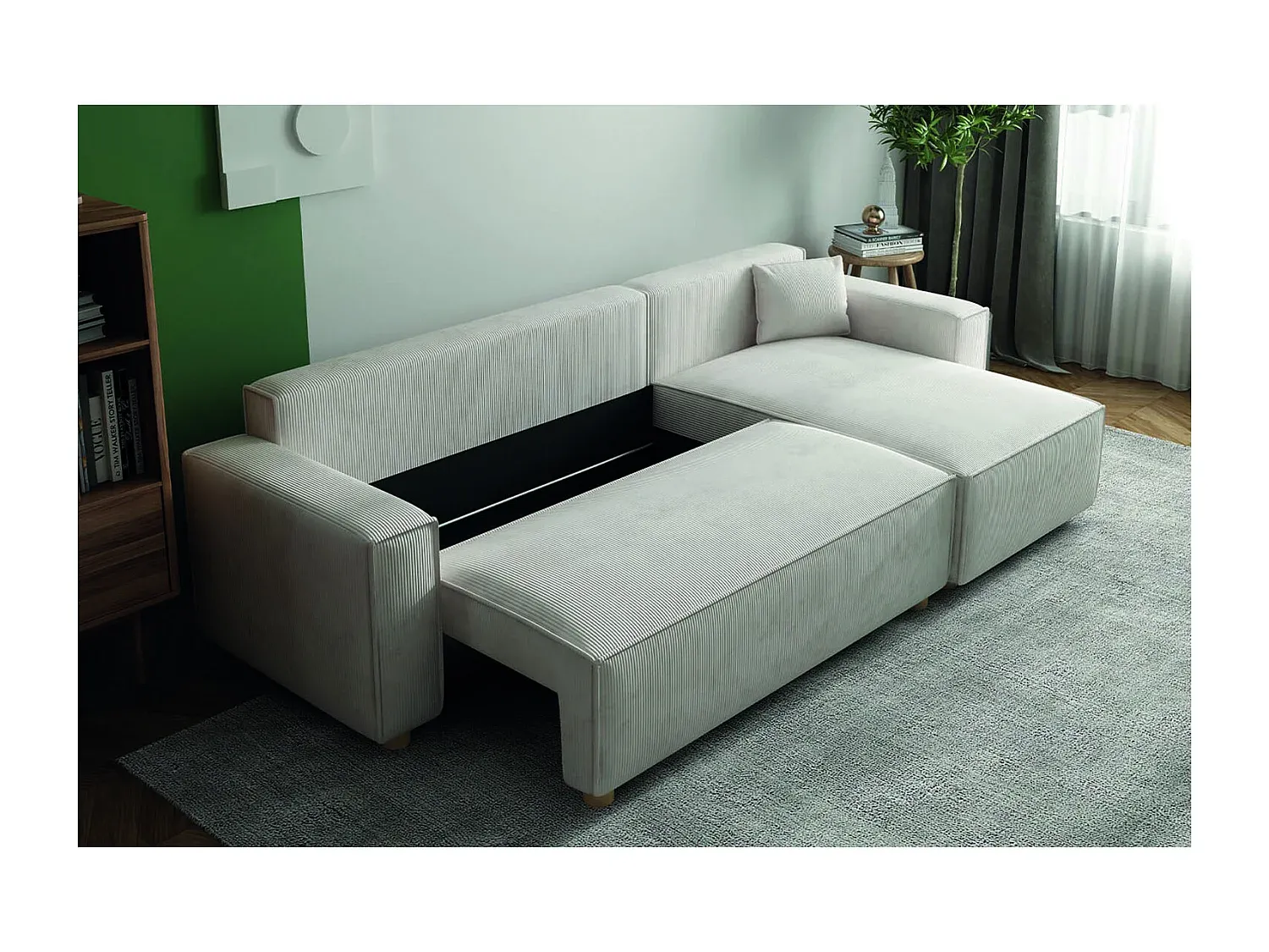 Ecksofa mit Schlaffunktion, 4-Sitzer, Rippvelours, beige-FURNIAVENA