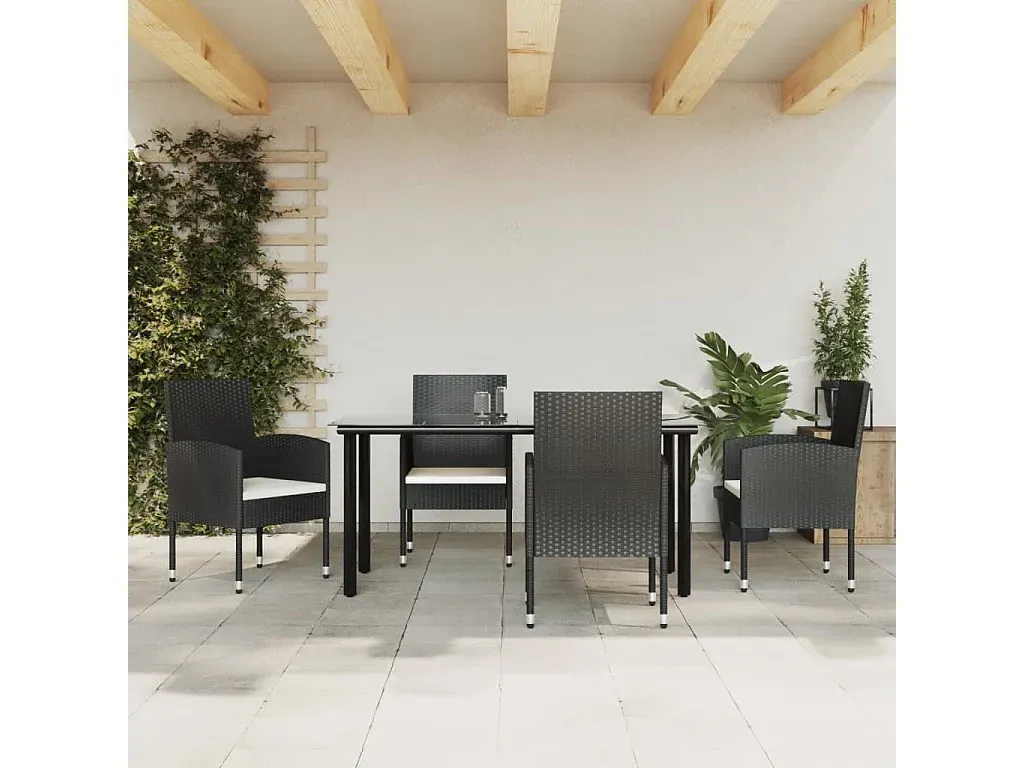Garten-Essgruppe 5-teiliges Set aus Poly Rattan und Stahl, Schwarz-FURNIAVENA