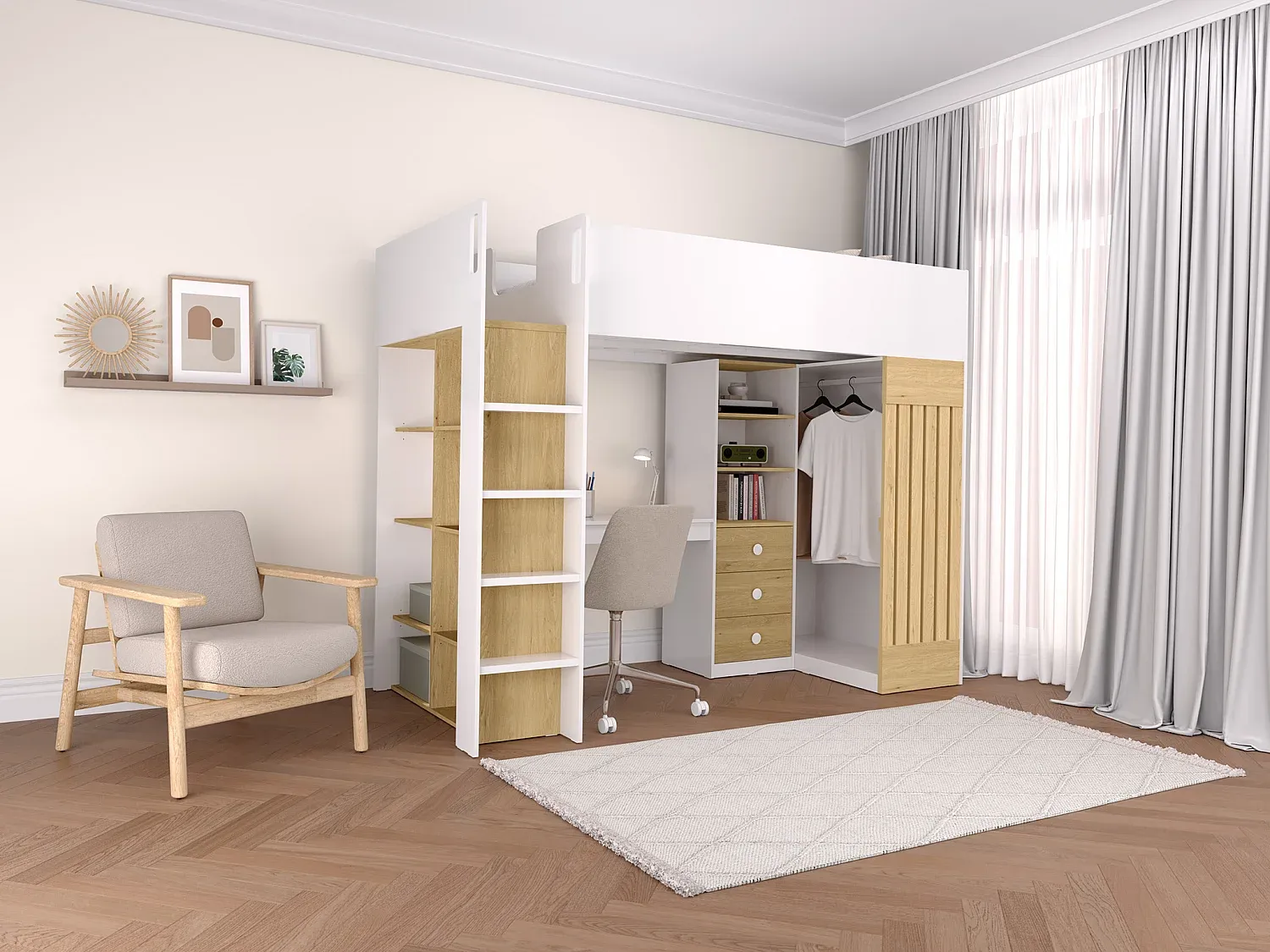 Hochbett mit Schreibtisch und Kleiderstange, Matratze, Holzoptik-FURNIAVENA