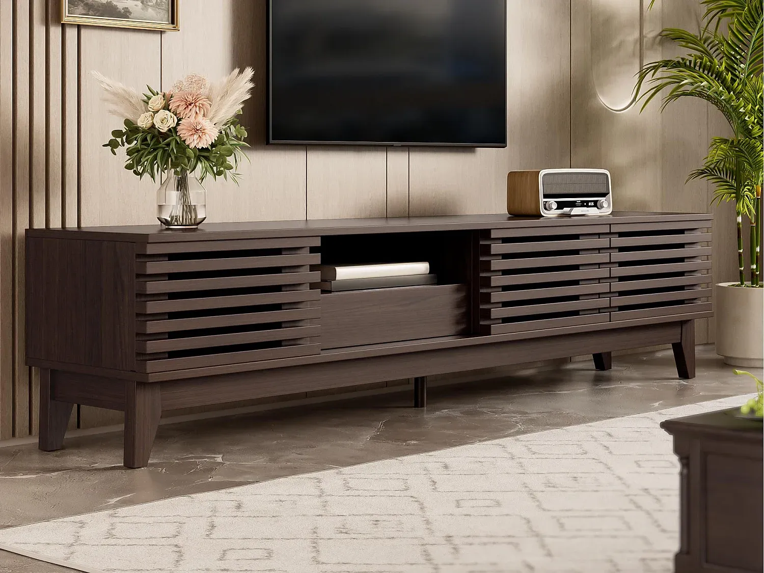 Moderner Fernsehtisch mit Schublade und Türen, Braun-FURNIAVENA
