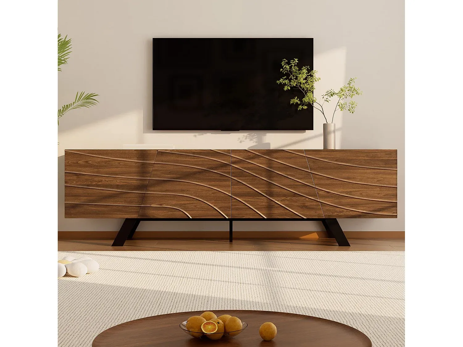 Fernsehschrank im Walnuss-Design mit Wellenfront und Stauraum-FURNIAVENA
