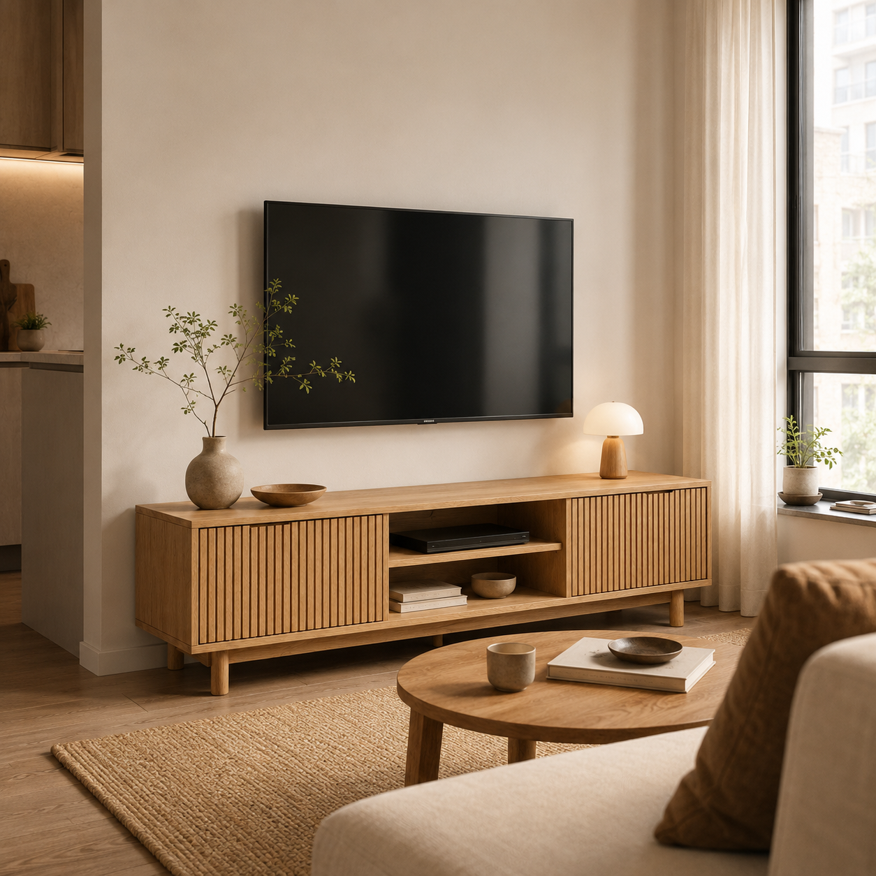 Japandi TV-Lowboard Eiche Natur mit Lamellenfront-SelviaModern