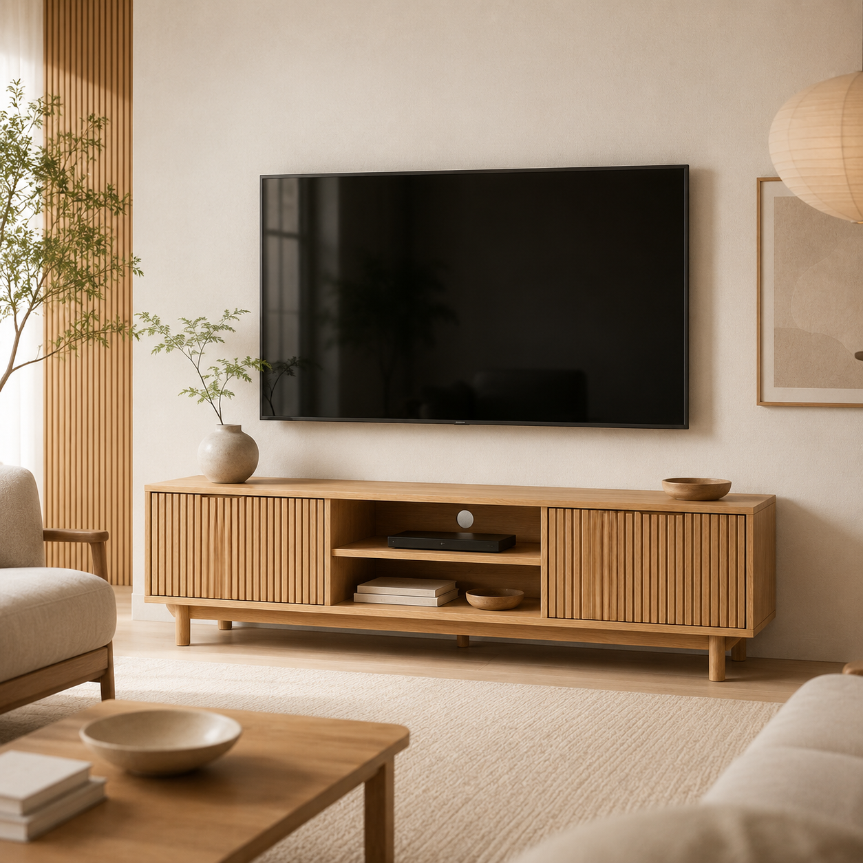 Japandi TV-Lowboard Eiche Natur mit Lamellenfront-SelviaModern