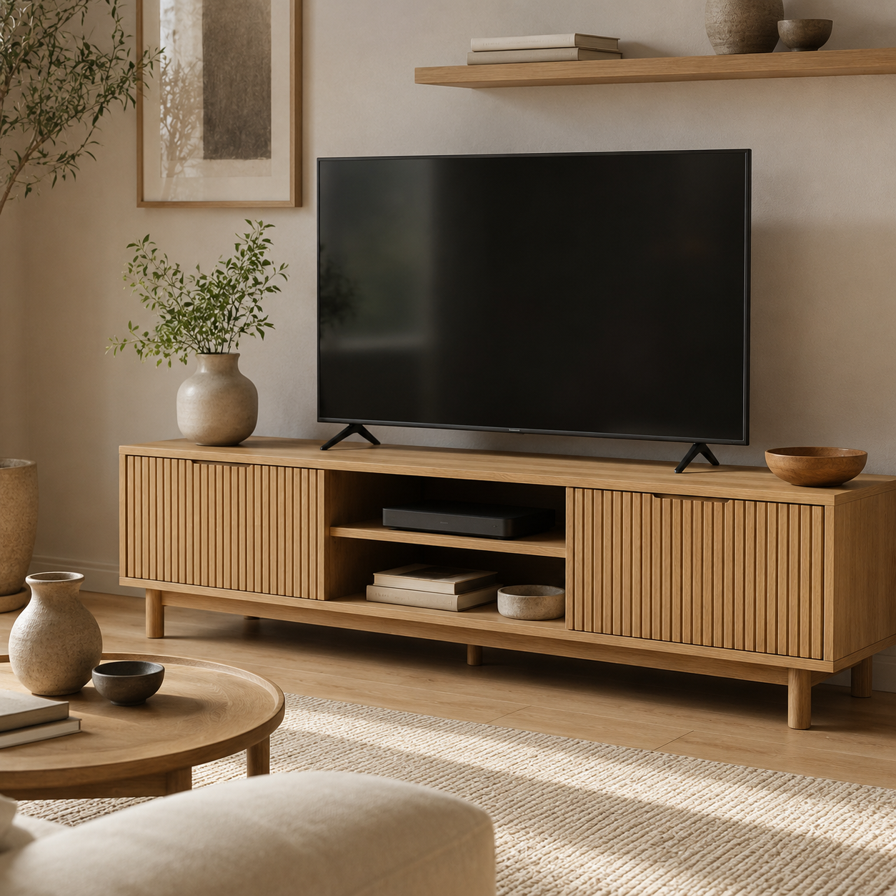 Japandi TV-Lowboard Eiche Natur mit Lamellenfront-SelviaModern