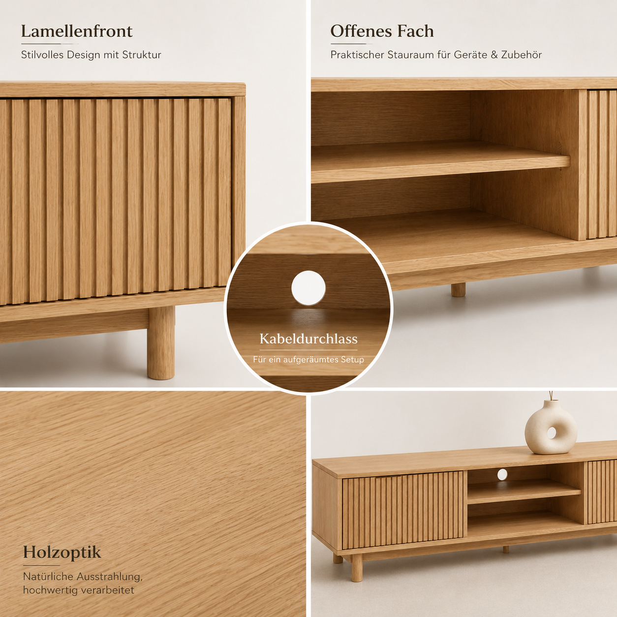 Japandi TV-Lowboard Eiche Natur mit Lamellenfront-SelviaModern