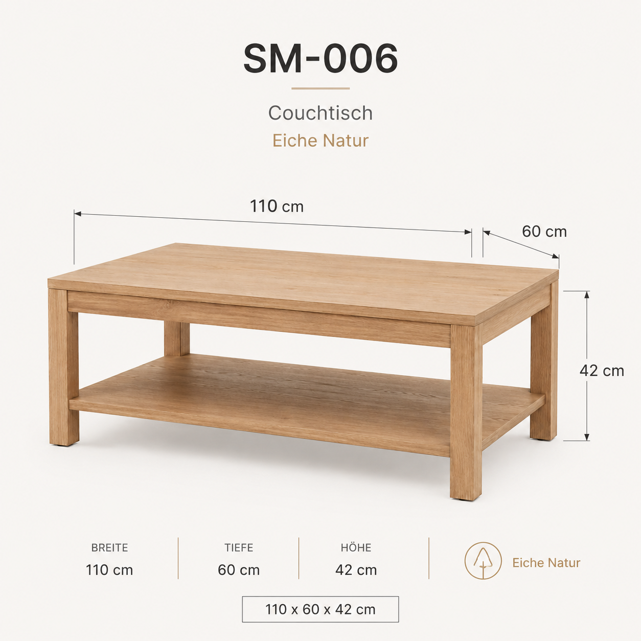 Minimalistischer Couchtisch 110 cm mit Ablage-SelviaModern
