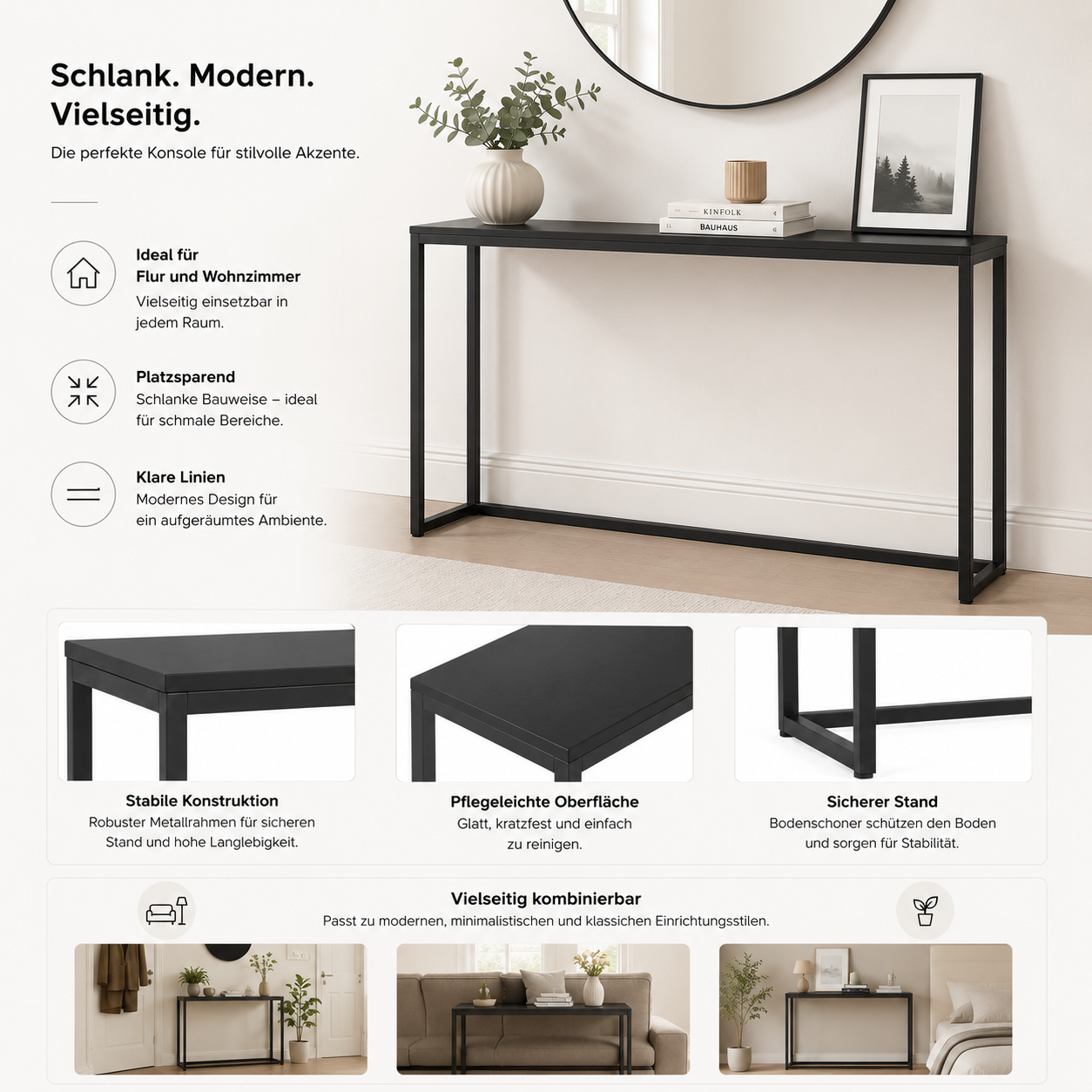 Schmaler Konsolentisch Schwarz für Flur und Wohnzimmer-SelviaModern