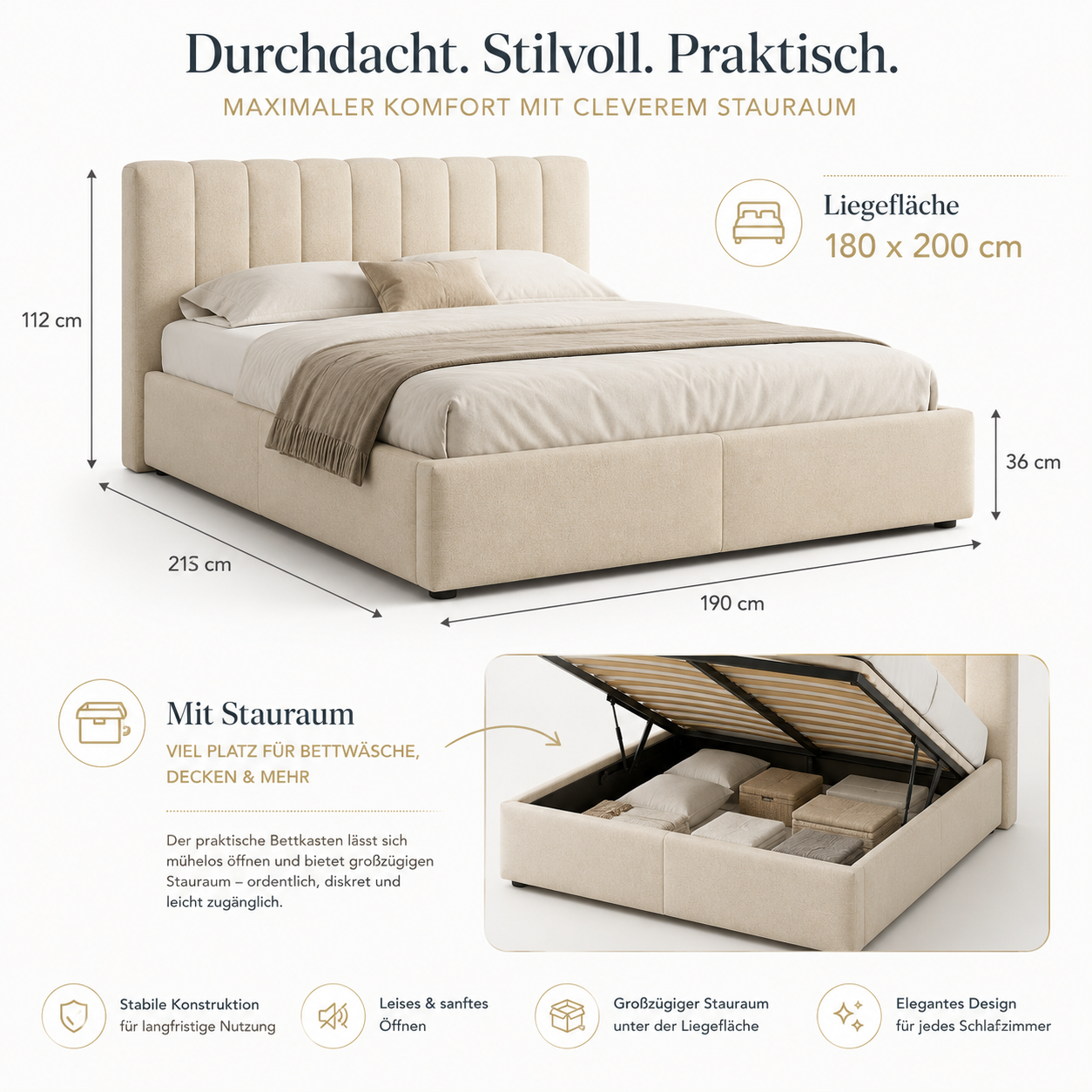Polsterbett 180x200 cm mit Stauraum im Hotelstil-SelviaModern