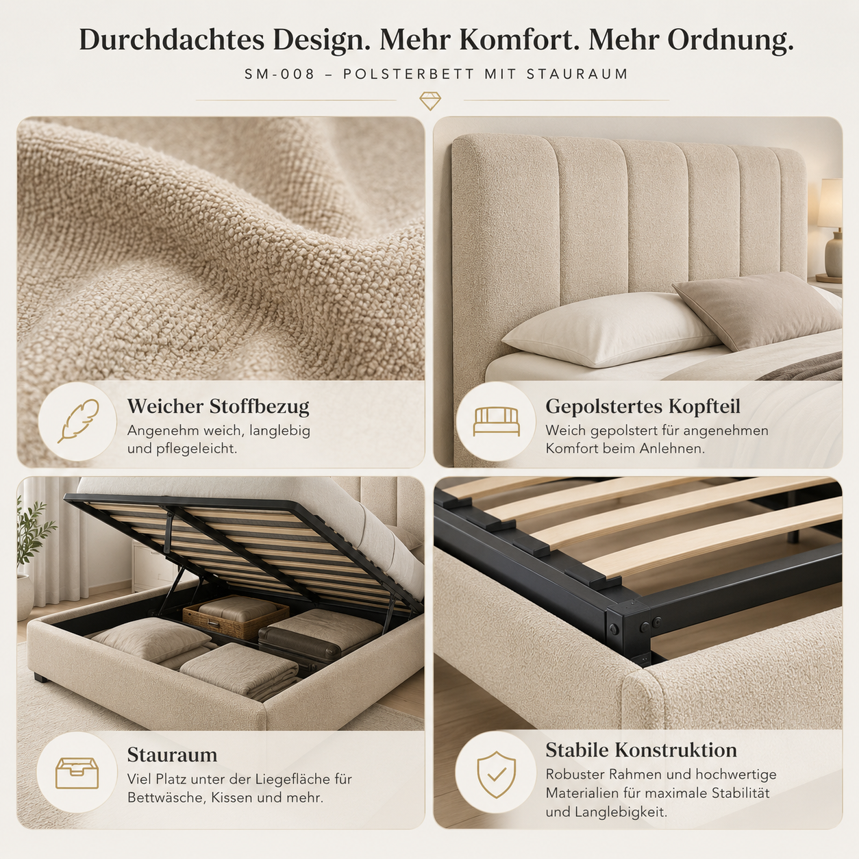 Polsterbett 180x200 cm mit Stauraum im Hotelstil-SelviaModern